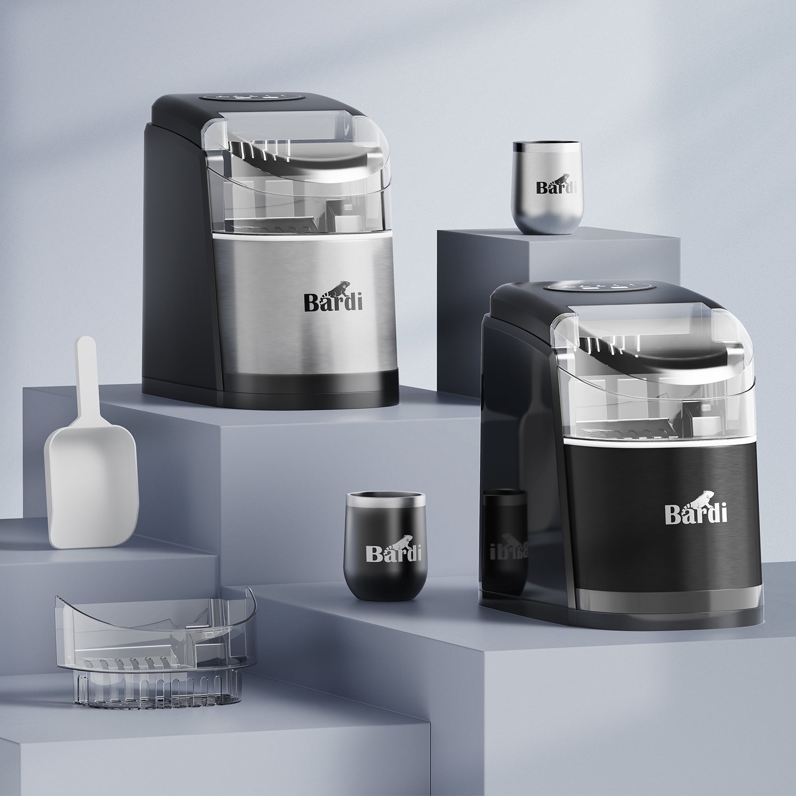Bardi Deluxe Ice Cube Machine 1.6L black - Self-cleaning function - ice cube maker with ice scoop - Incl. luxury thermos cup and ice scoop
