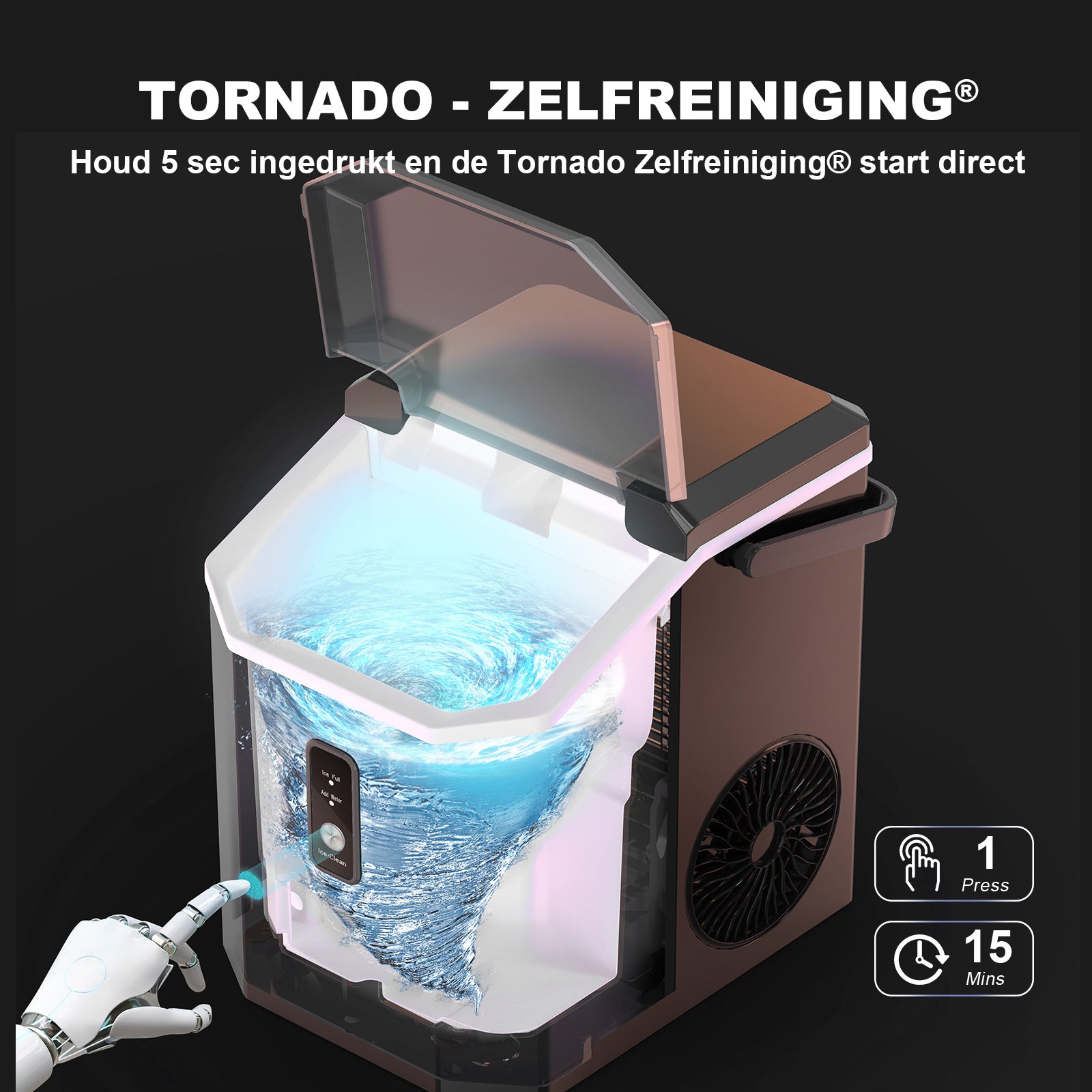 Bardi 1.1L - Nugget IJsblokjesmachine Square - Crushed Ice Maker met IJsschep - 15kg/24 uur - Ijsblokjesmaker - Met Luxe Thermosbeker - Zwart met citruspers zwart