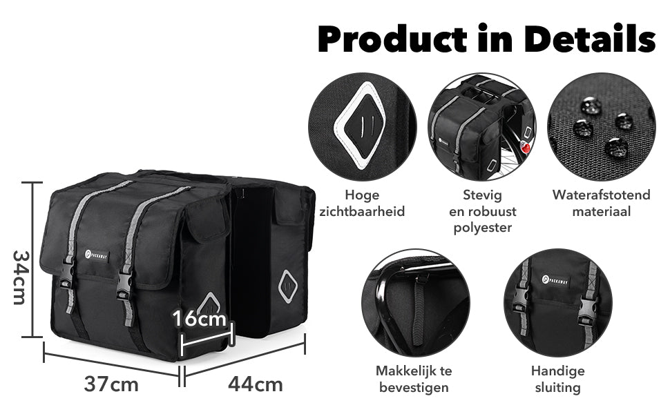 Packaway Double Panniers - Waterproof Panniers Electric Bike - Reflective - Black 36 Liters