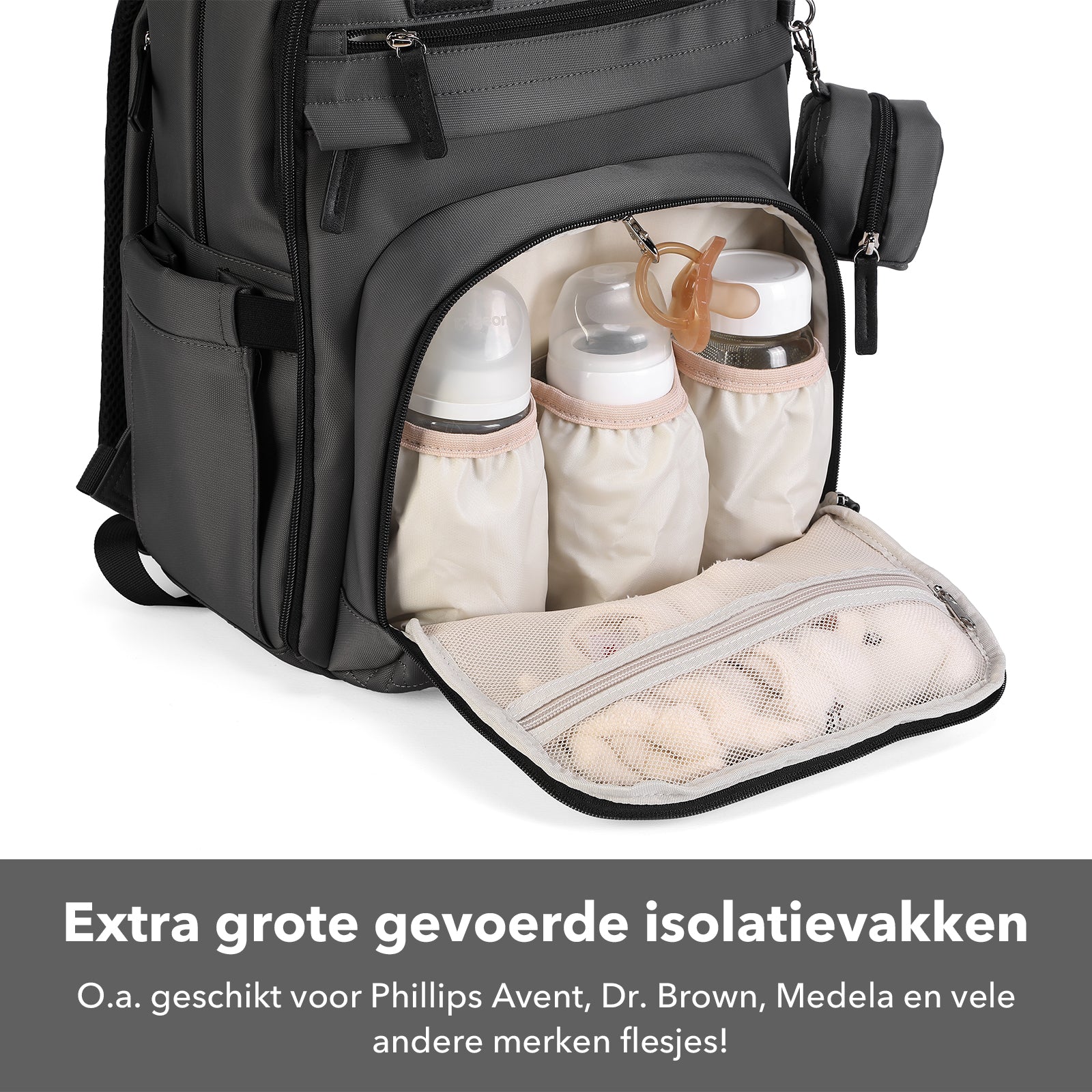 Premium luiertas donkergrijs - uitgebreide en functionele verzorgingstas - met buggymontage - anti diefstal vakken - reistrolley sleeve - incl. verschoonmatje en speenhouder - levenslange garantie
