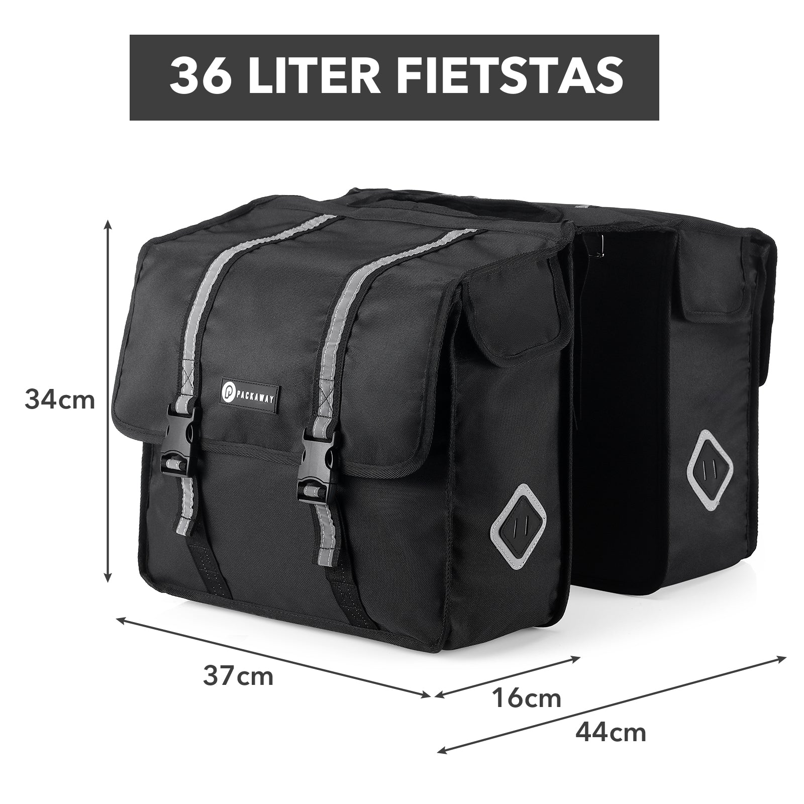 Packaway Double Panniers - Waterproof Panniers Electric Bike - Reflective - Black 36 Liters