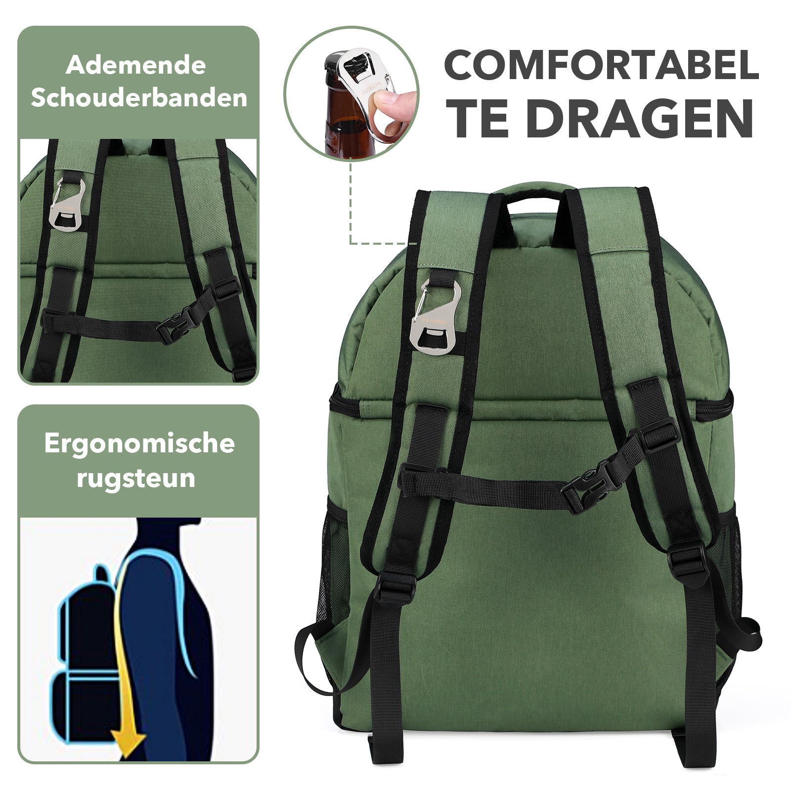 Koeltas 25L groen - rugzak - 4-laags geïsoleerd - waterafstotend - incl. 2 gratis koelelementen en bieropener
