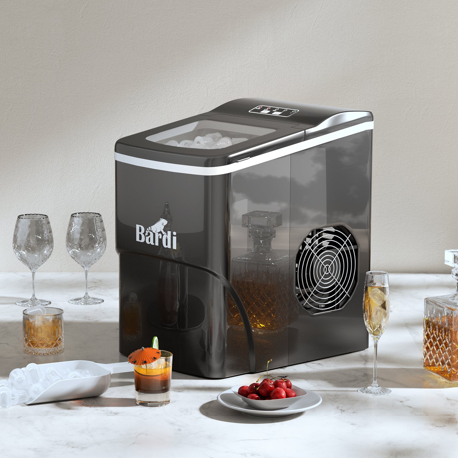 Bardi Deluxe Ice Cube Machine 2L black - Self-cleaning function - ice cube maker with ice scoop - Incl. luxury thermos cup and ice scoop