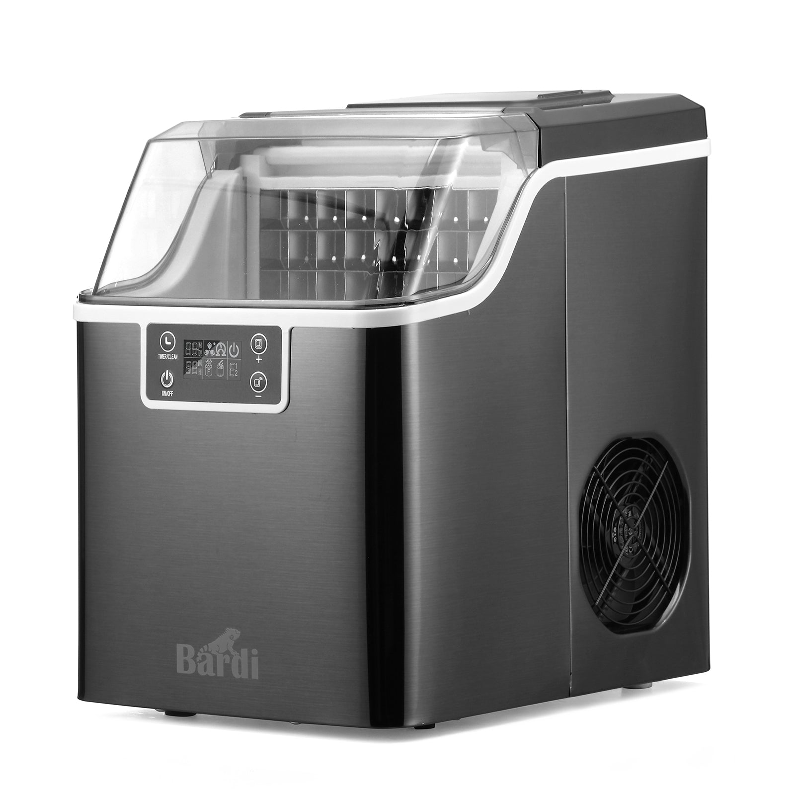Bardi 3,2L Deluxe IJsblokjesmachine - Vierkante IJsblokmaker - LCD Display - 20Kg/24 uur. inclusief Thermosbeker en IJsschep - ZWART met citruspers Zwart