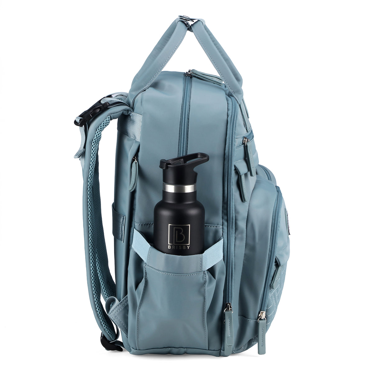 Brisby Premium Luiertas – Uitgebreide en Functionele Verzorgingstas – met buggymontage – Anti Diefstal Vakken - Reistrolley Sleeve - Inclusief verschoonmatje t.w.v.15,99 euro en speenhouder - Levenslange Garantie - Misty Blue