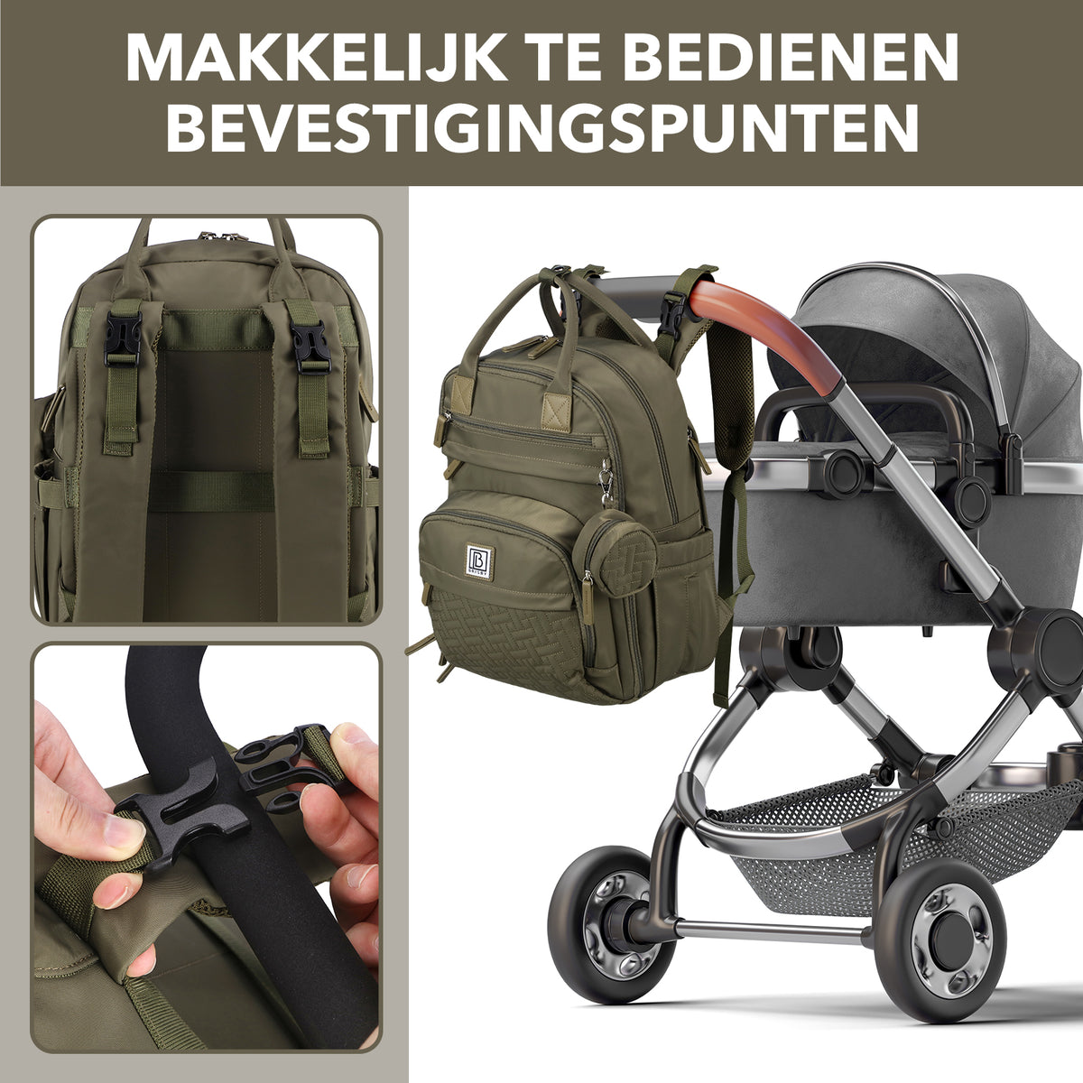 Brisby Premium Luiertas – Uitgebreide en Functionele Verzorgingstas – met buggymontage – Anti Diefstal Vakken - Reistrolley Sleeve - Inclusief verschoonmatje t.w.v.15,99 euro en speenhouder - Levenslange Garantie - Olive Green