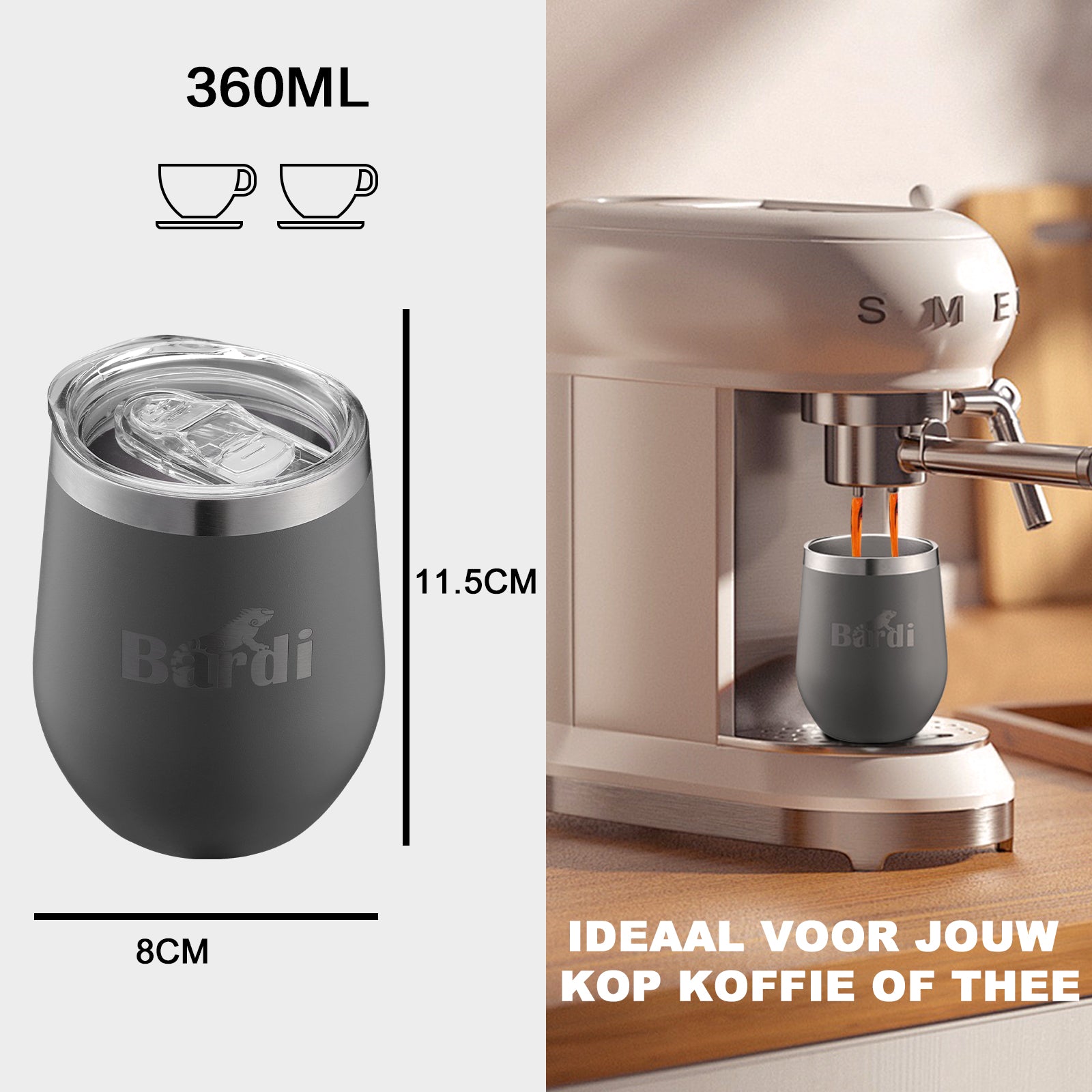 Bardi Thermosbekers 0,3L RVS grijs set - incl. deksels - dubbelwandig