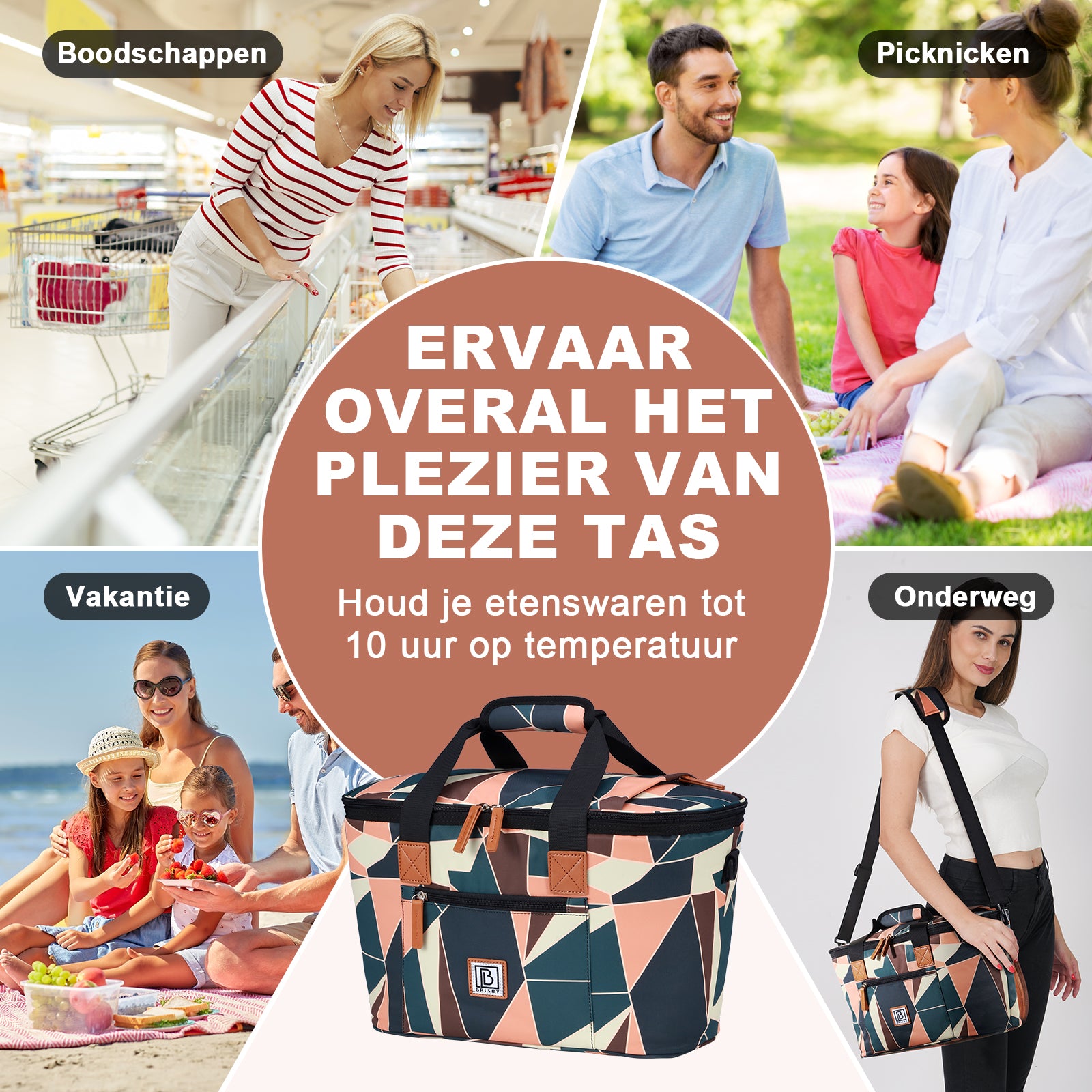 Koeltas 21L abstract colours - GRATIS mealbox - boodschappentas - 4-laags geïsoleerd - incl. 2 gratis koelelementen en schouderband