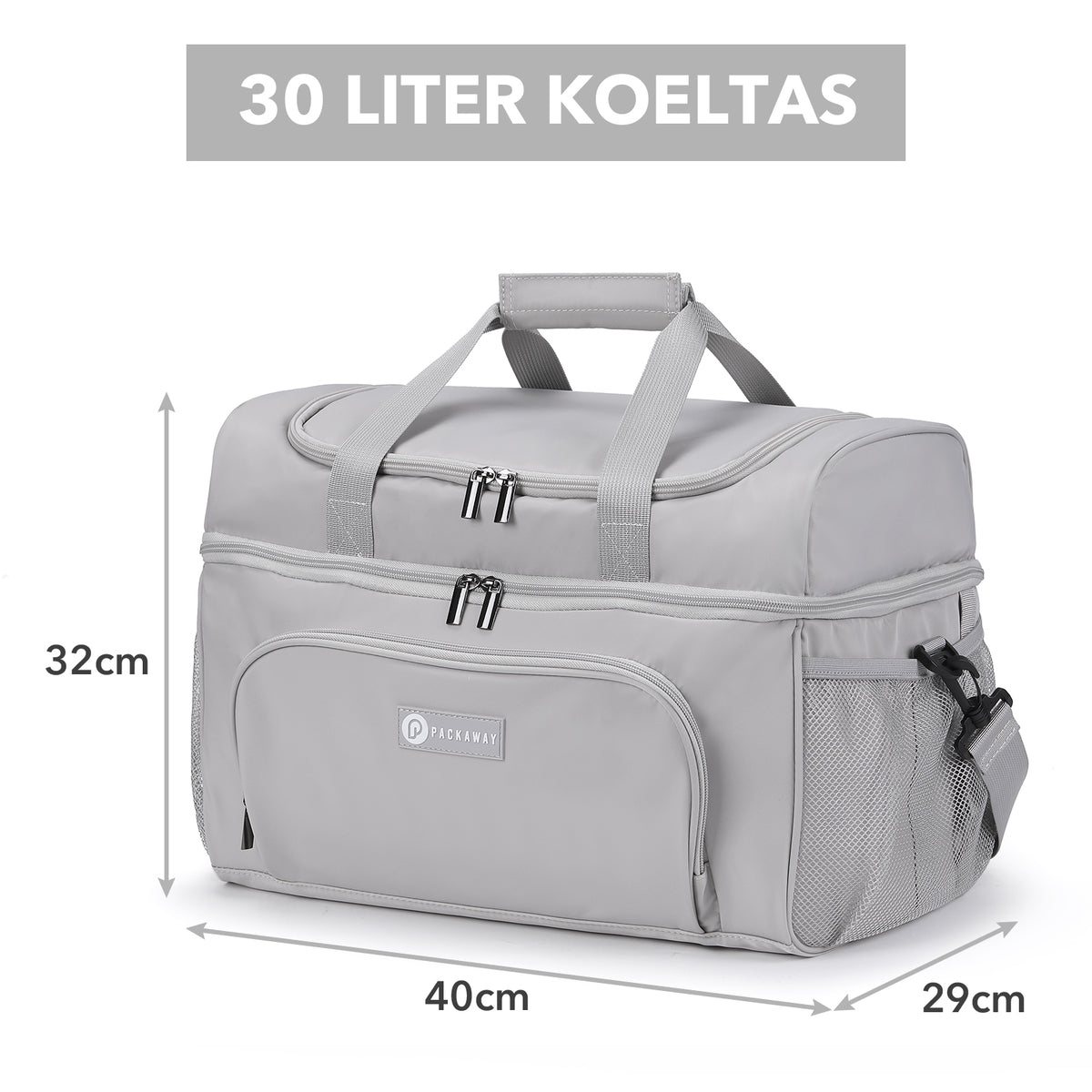 Packaway Koeltas 30L - Lunchtas - Inclusief 4 Koelelementen - Dubbel Compartiment - 4-Laags Geïsoleerd - Waterafstotend - Modern Grey