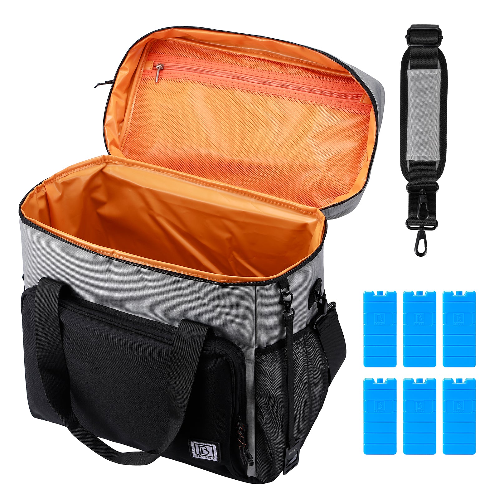 Koeltas 40L zwart/grijs met oranje binnenzijde - Lunchtas - 4-laags geïsoleerd - incl. 6 gratis koelelementen en schouderband