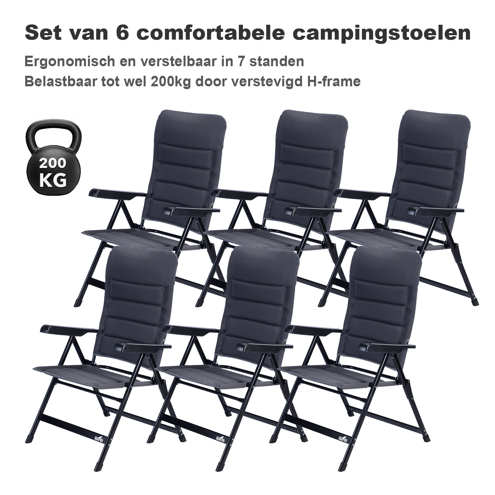 Bardi 6-delige Campingstoelen set grijs - 7 standen - 120 kg draagvermogen