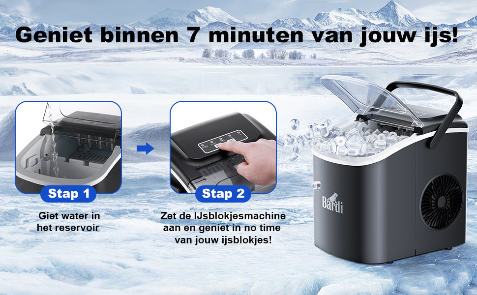 Bardi Deluxe Ice Cube Machine 1.2L black - Self-cleaning function - ice cube maker with ice scoop - Incl. luxury thermos cup and ice scoop