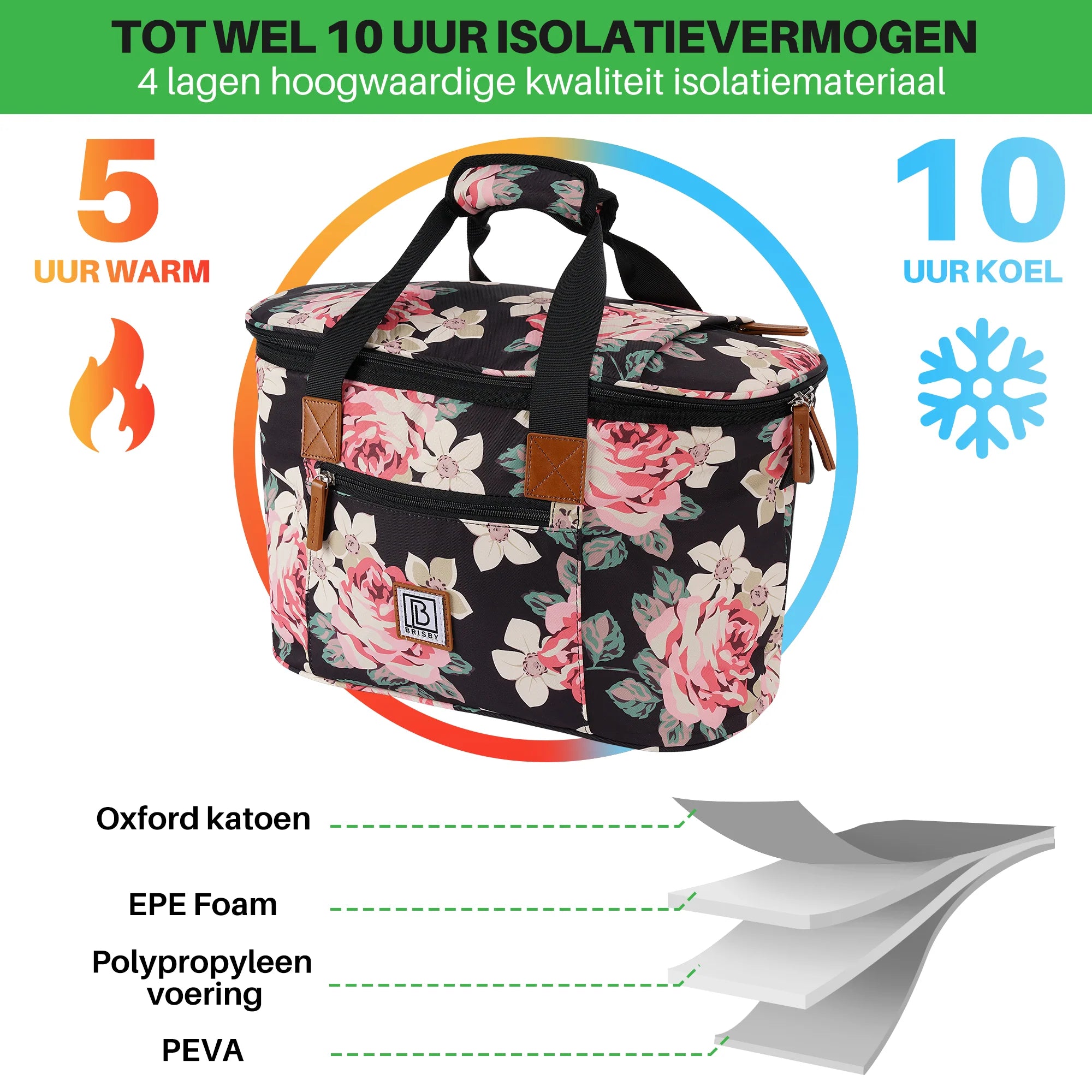 Brisby Koeltas 21L zwarte bloemen set - incl. mealbox, 2 koelelementen, schouderband