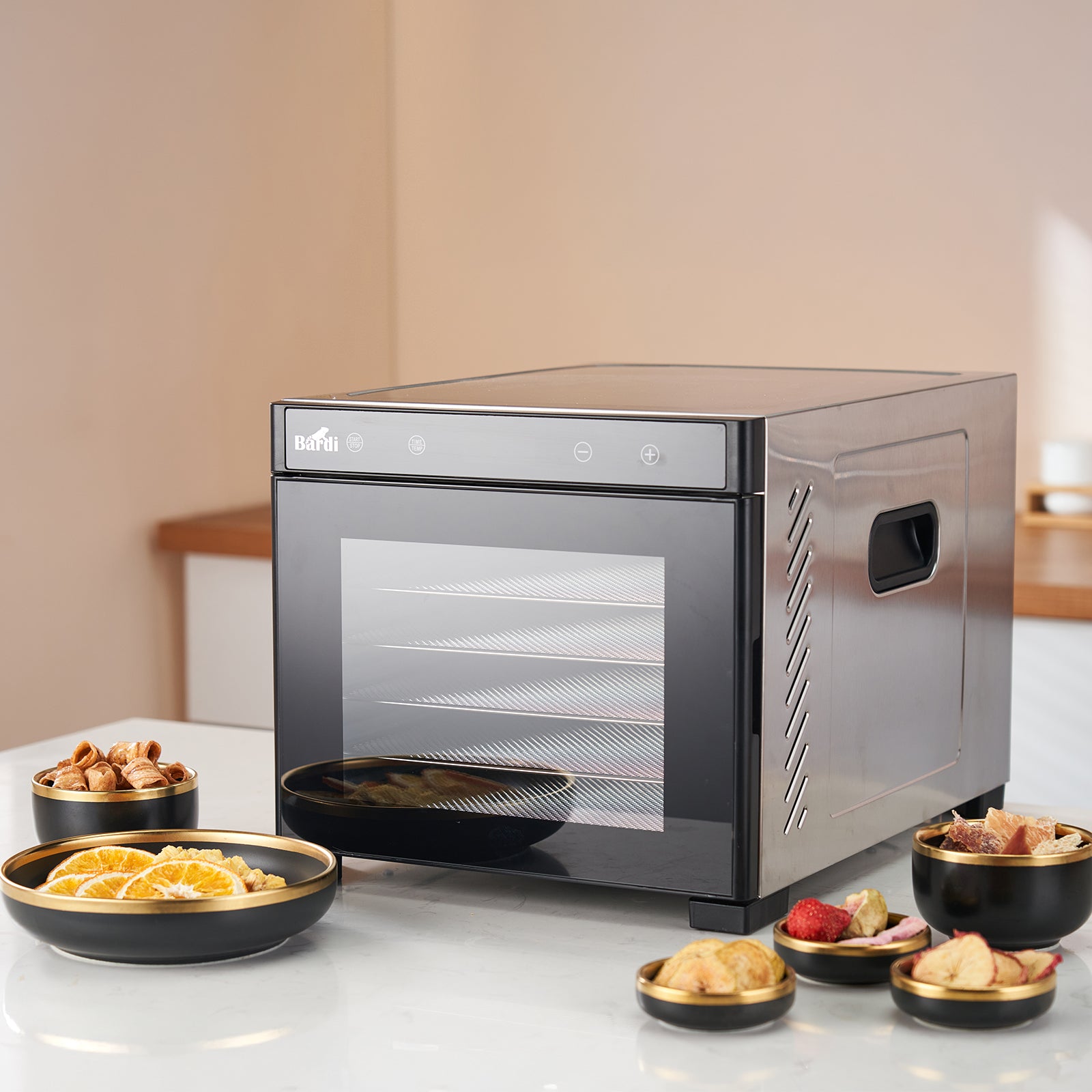 Bardi Voedseldroger 6-laags 650W RVS - 24-uurs timer - led-bedieningspaneel - incl. 6 inlegvellen en voedseltang