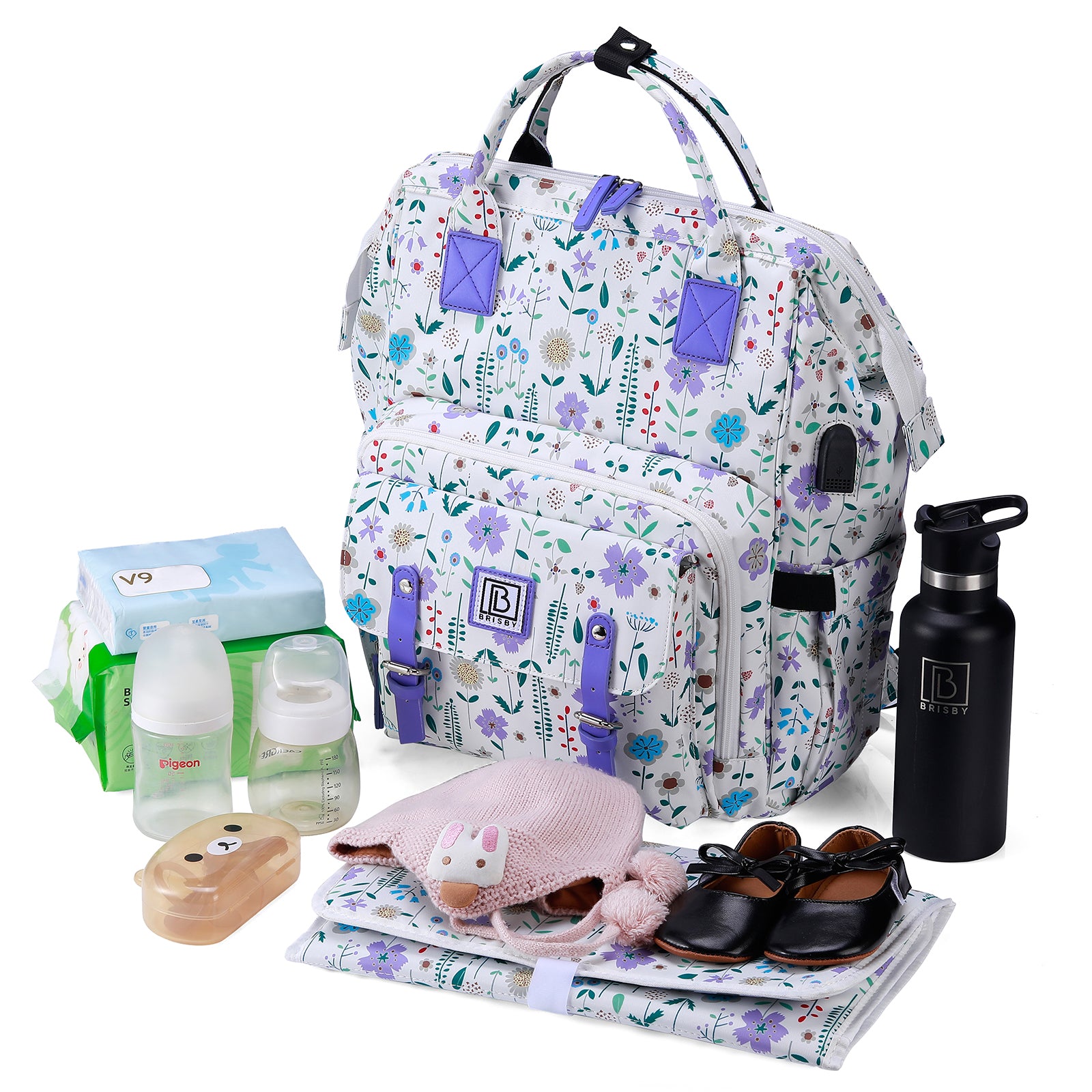 Stayopen luiertas purple flower - Verzorgingstas - stay-open frame - USB oplaadfunctie - incl. buggymontage en verschoonmat