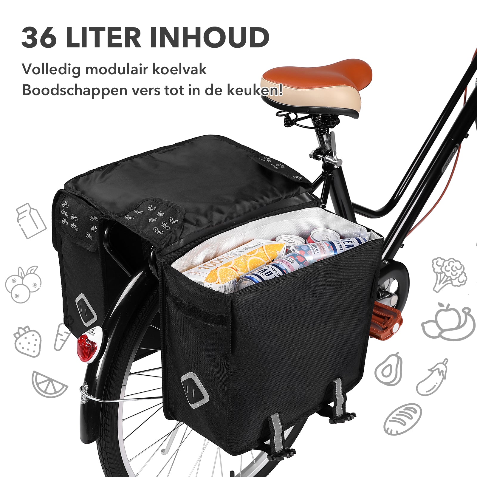 Packaway Double Panniers with Cooler Compartment - Removable Cooler Bag - Waterproof - Bicycle Pattern - 36L - Black
