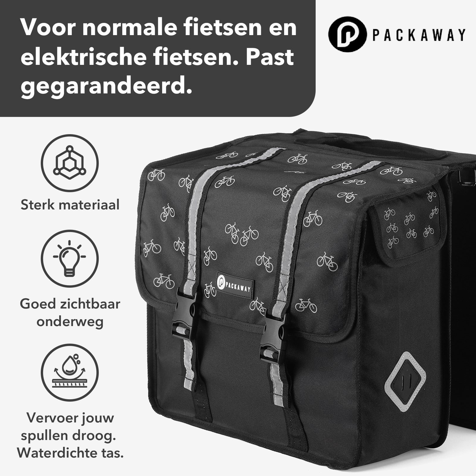 Packaway Double Panniers with Cooler Compartment - Removable Cooler Bag - Waterproof - Bicycle Pattern - 36L - Black