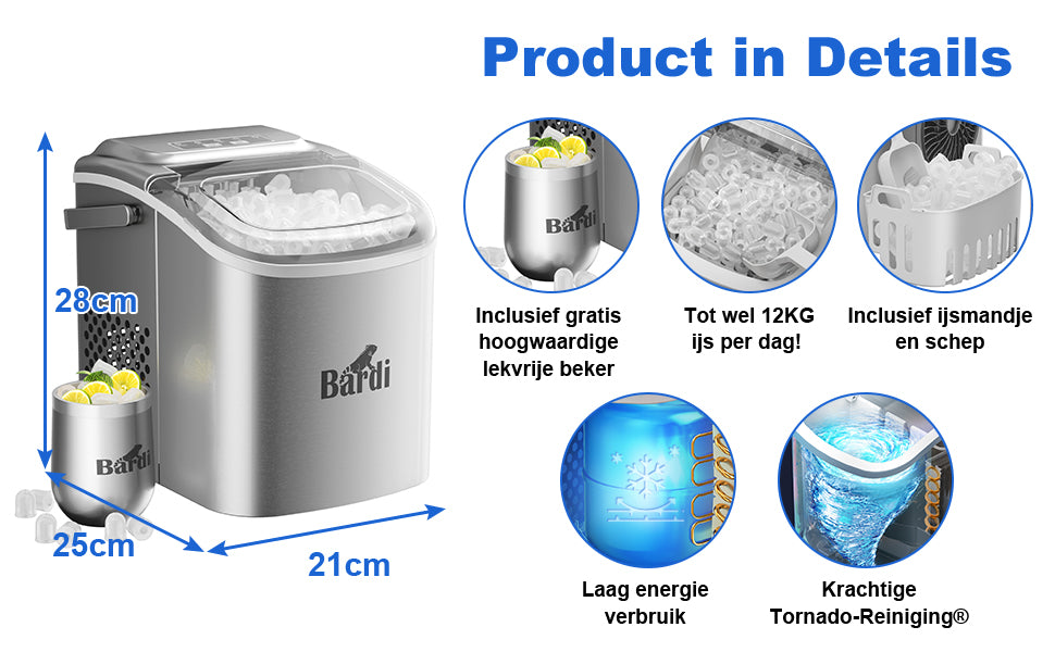 Bardi Deluxe Ice Cube Machine 1.2L Stainless Steel - Self-cleaning function - Ice cube maker with ice scoop - Incl. luxury thermos cup and ice scoop