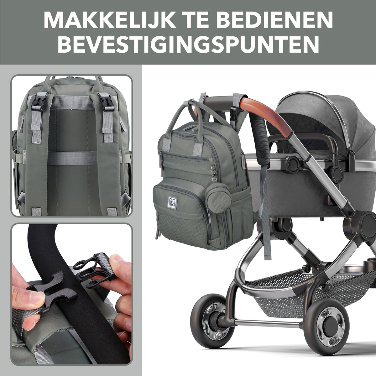 Brisby Premium Luiertas – Uitgebreide en Functionele Verzorgingstas – met buggymontage – Anti Diefstal Vakken - Reistrolley Sleeve - Inclusief verschoonmatje t.w.v.15,99 euro en speenhouder - Levenslange Garantie - Misty Green