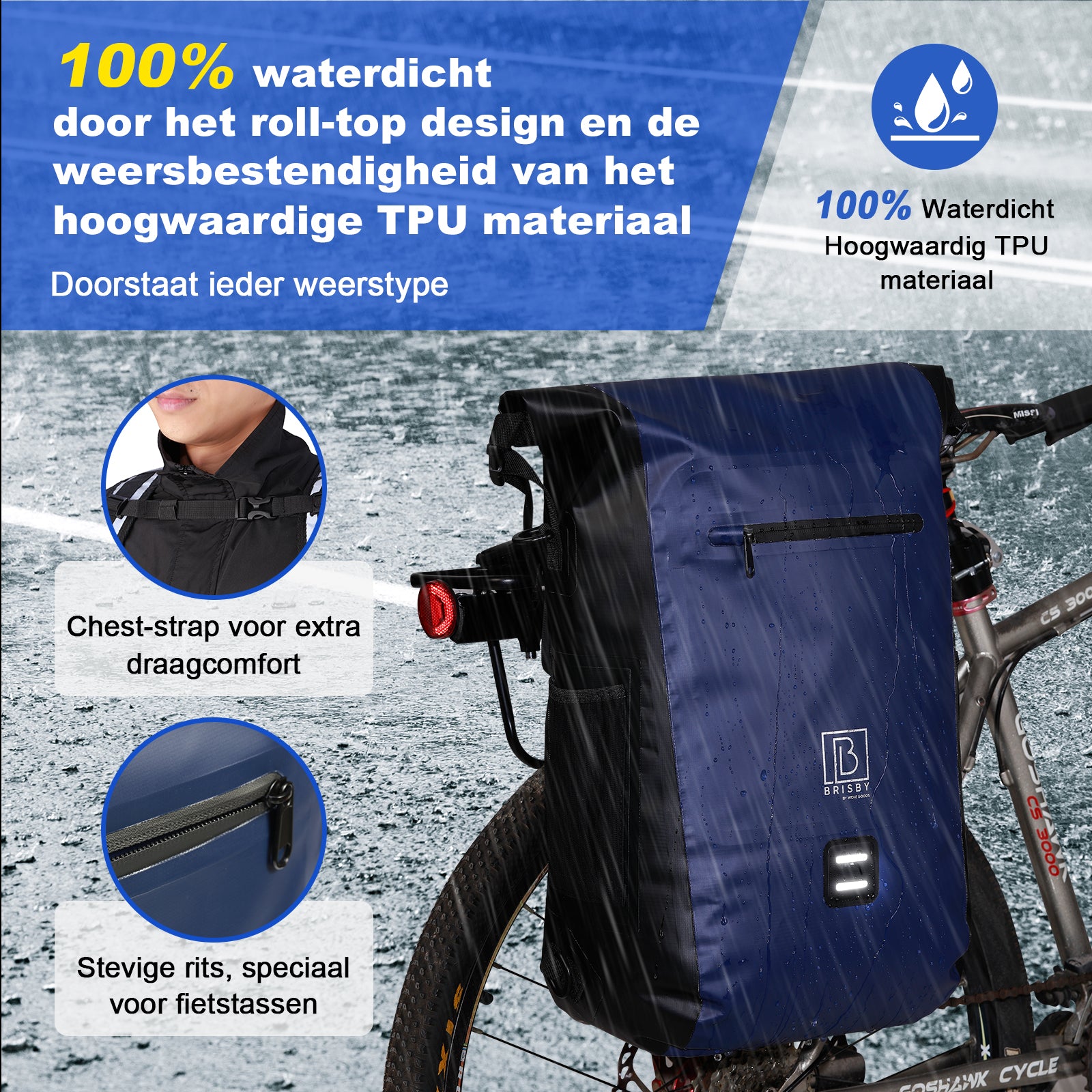 3 in 1 waterproof rolltop bicycle bag 20-26L Blue - reflective - high visibility - bicycle bag - backpack - shoulder bag