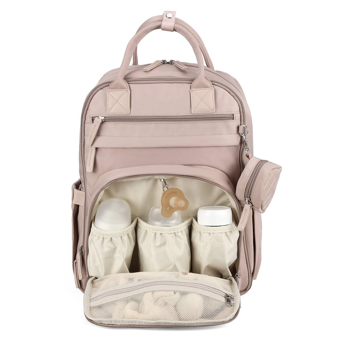 Brisby Premium Luiertas – Uitgebreide en Functionele Verzorgingstas – met buggymontage – Anti Diefstal Vakken - Reistrolley Sleeve - Inclusief verschoonmatje t.w.v.15,99 euro en speenhouder - Levenslange Garantie - Muted Rosé