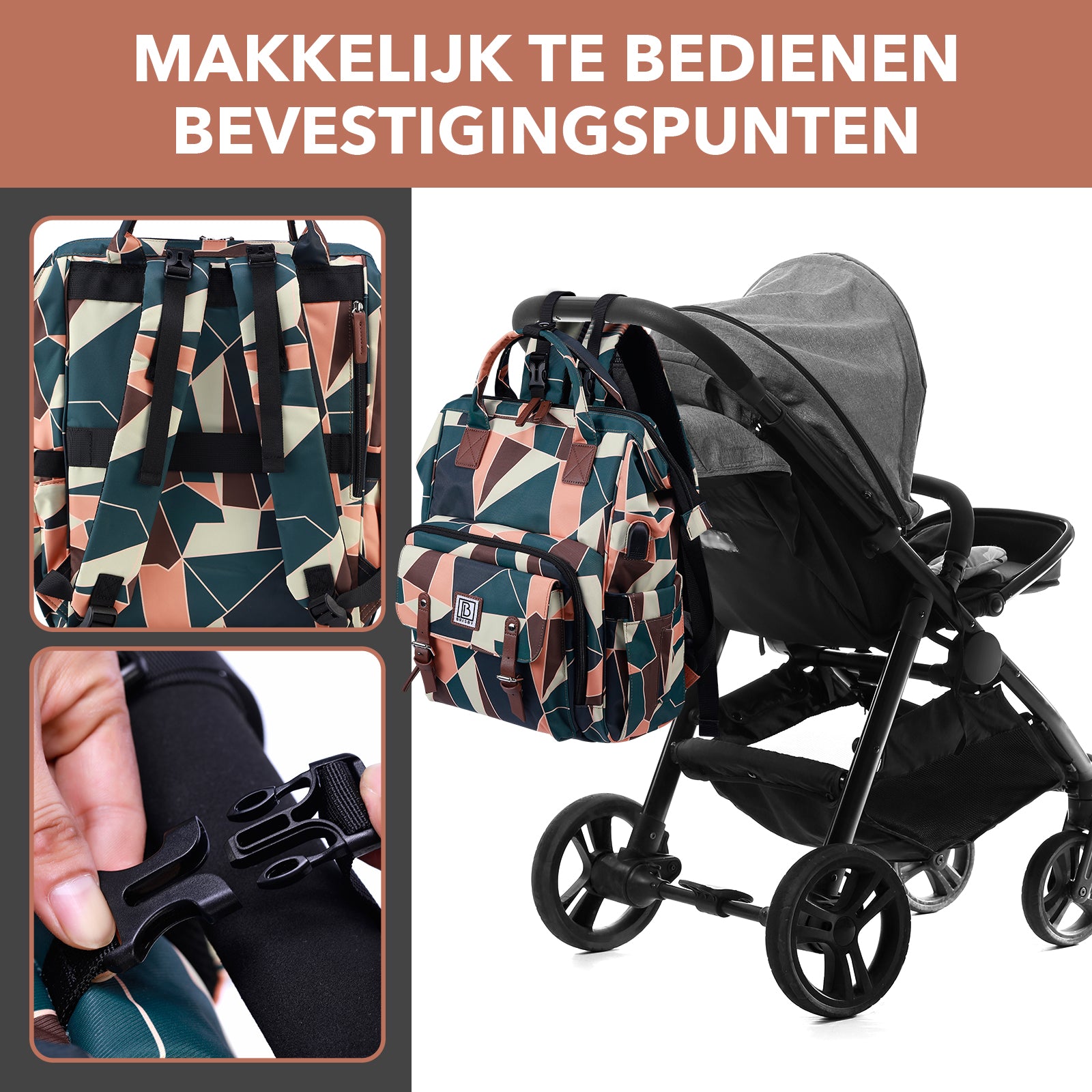 Stayopen luiertas abstract colours - Verzorgingstas - stay-open frame - USB oplaadfunctie - incl. buggymontage en verschoonmat