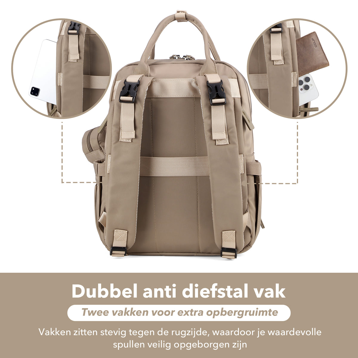 Brisby Premium Luiertas – Uitgebreide en Functionele Verzorgingstas – met buggymontage – Anti Diefstal Vakken - Reistrolley Sleeve - Inclusief verschoonmatje t.w.v.15,99 euro en speenhouder - Levenslange Garantie - Natural Greige