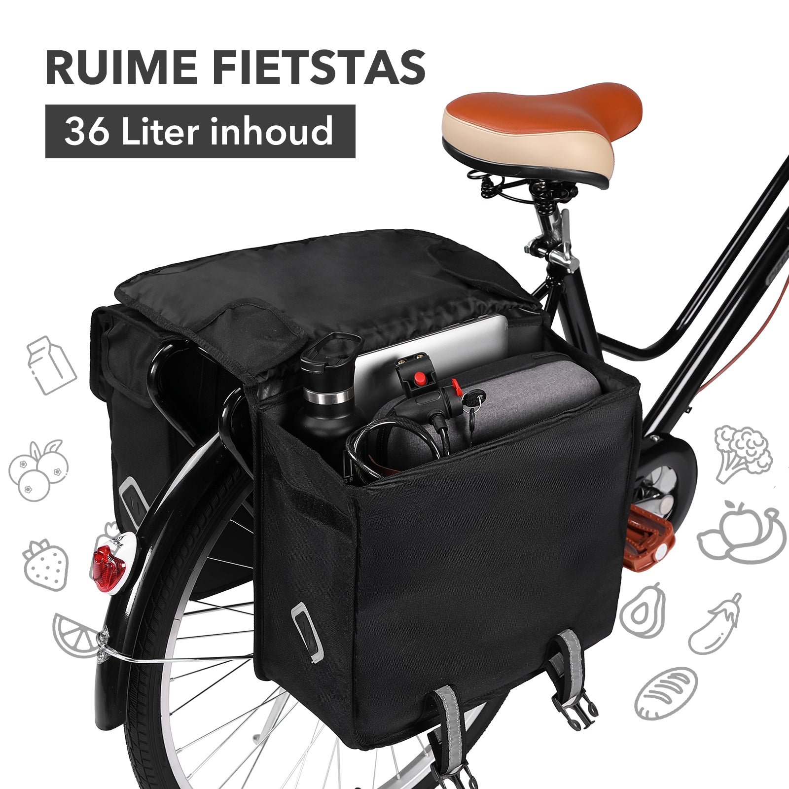 Packaway Dubbele Fietstassen 36L zwart - waterdicht - reflectie