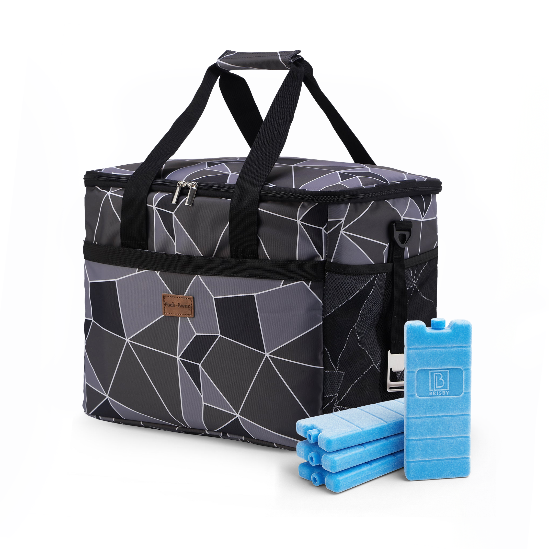 Cooler bag 30L abstract grey and black - lunch bag - foldable - 4-layer insulated - incl. 4 free cooling elements and carrying strap