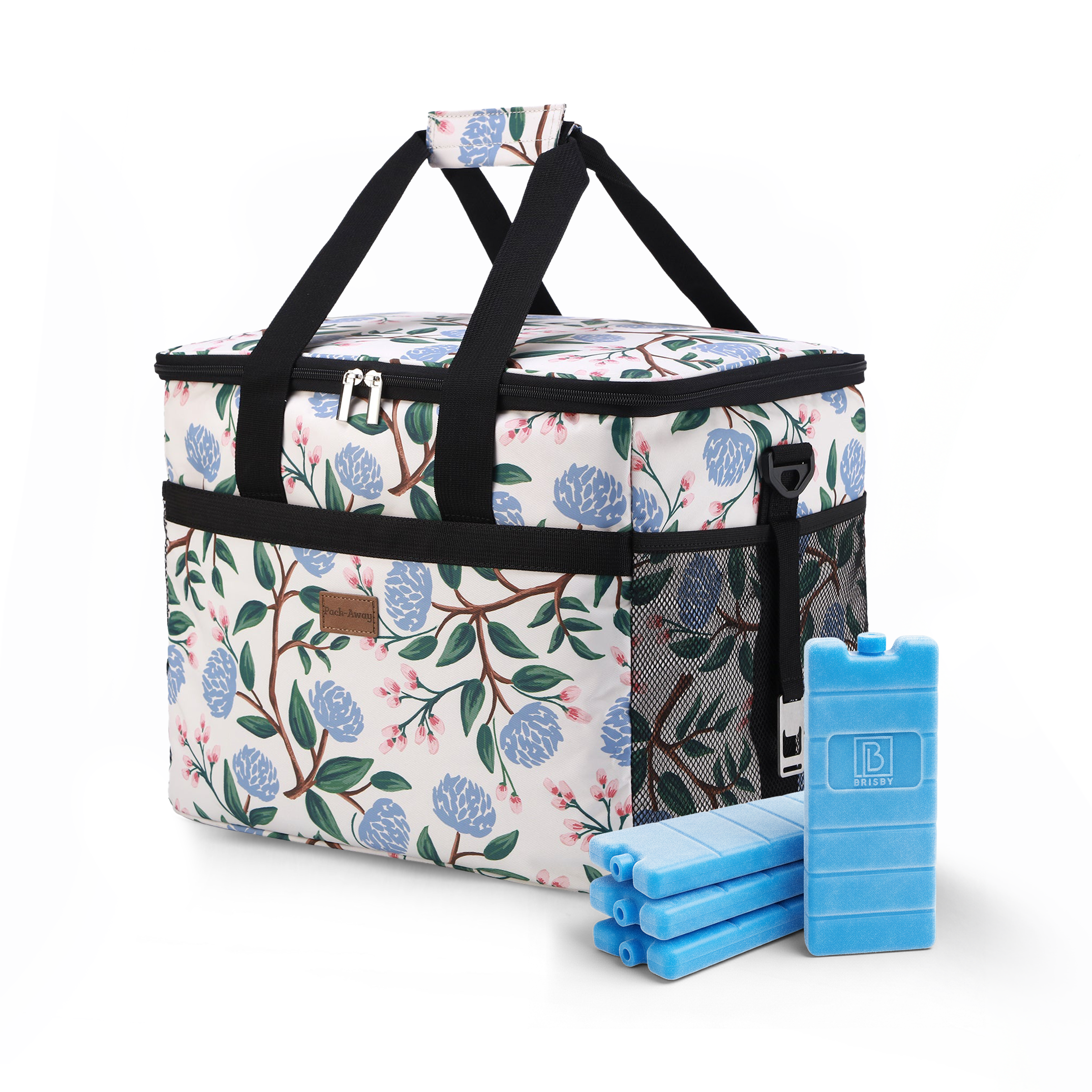 Cooler bag 30L white flower - lunch bag - foldable - 4-layer insulated - incl. 4 free cooling elements and carrying strap