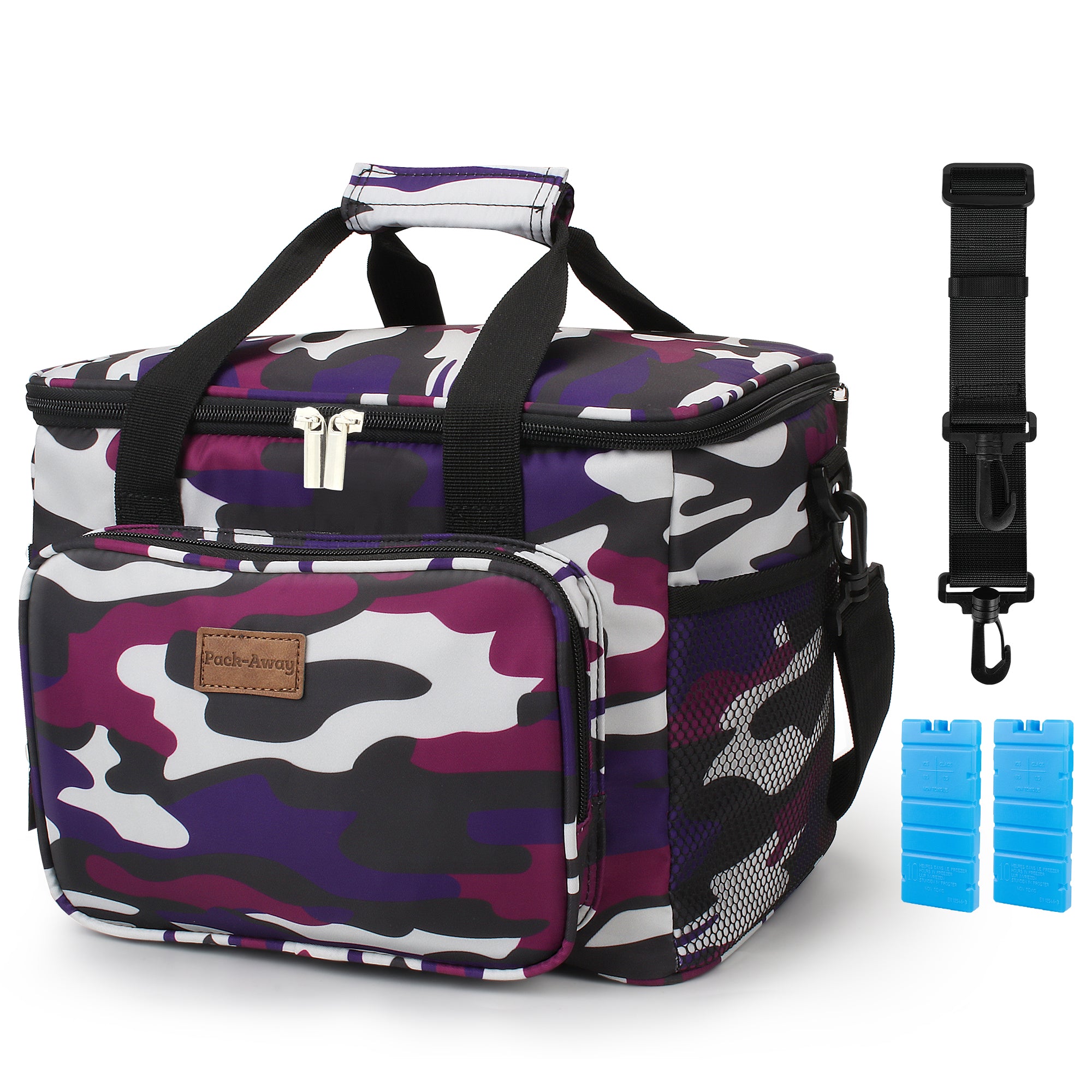 Cooler bag 15L camouflage purple - lunch bag - 4-layer insulated - foldable - incl. 2 free cooling elements and carrying strap