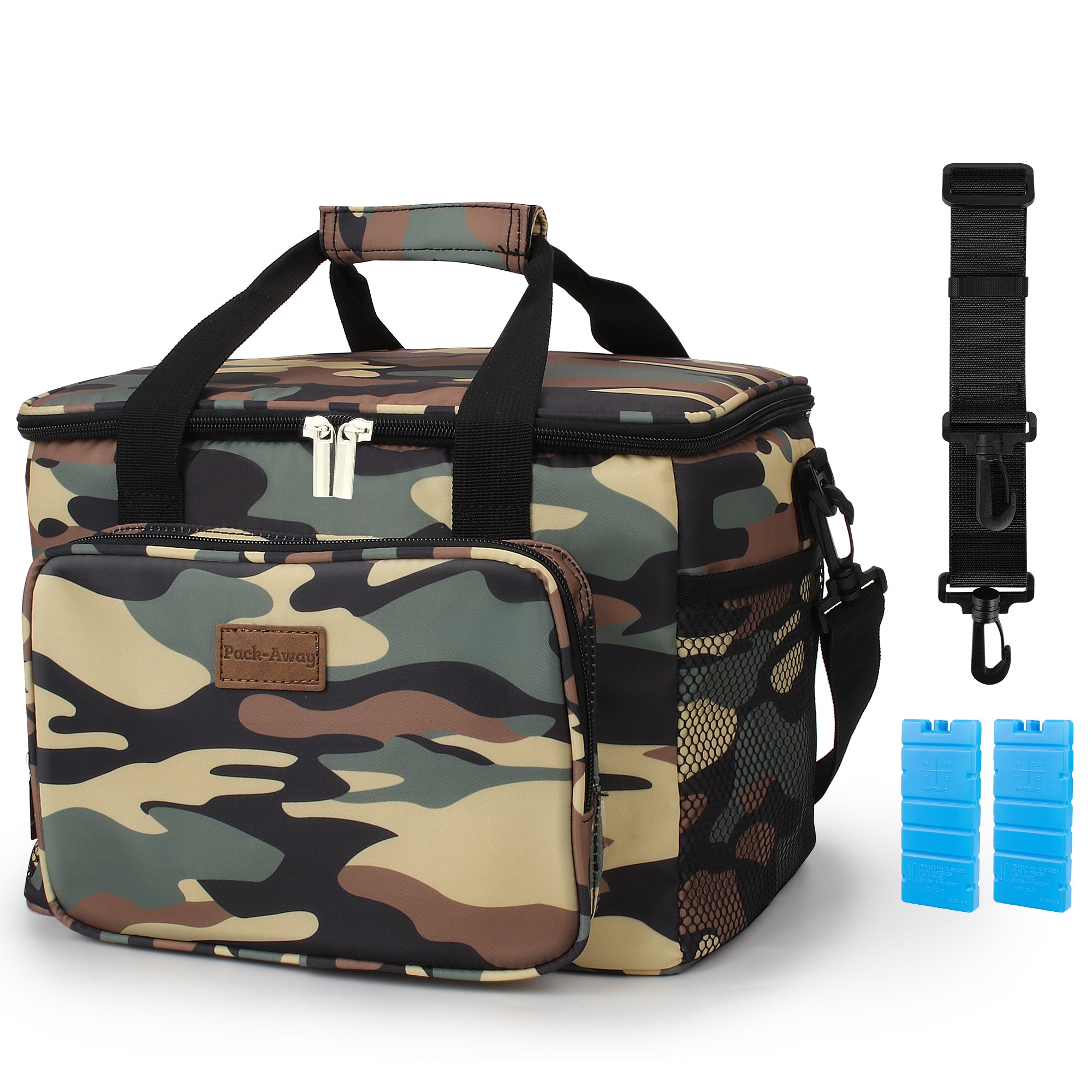 Cooler bag 15L camouflage green - lunch bag - 4-layer insulated - foldable - incl. 2 free cooling elements and carrying strap