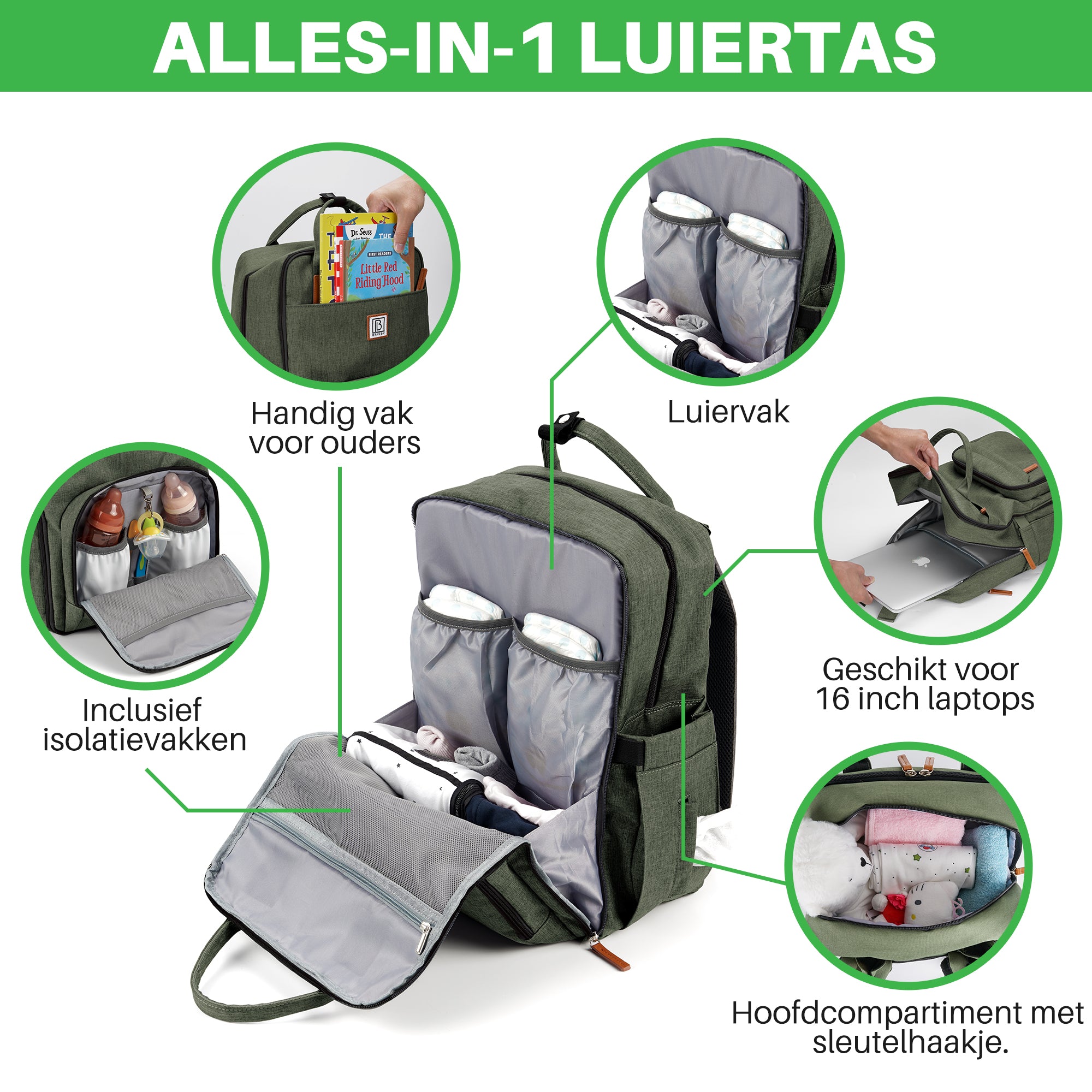 Original slijtvaste luiertas groen - verzorgingstas - incl. buggymontage en verschoningsmat
