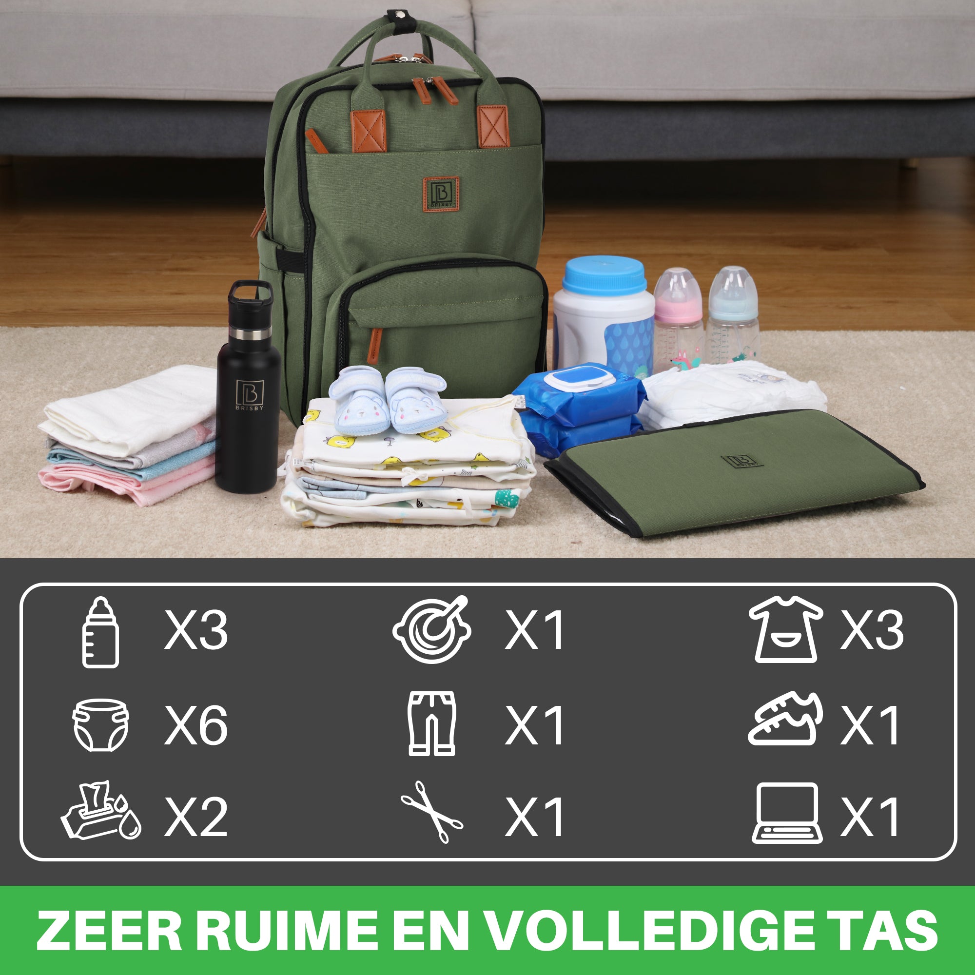 Original slijtvaste luiertas groen - verzorgingstas - incl. buggymontage en verschoningsmat