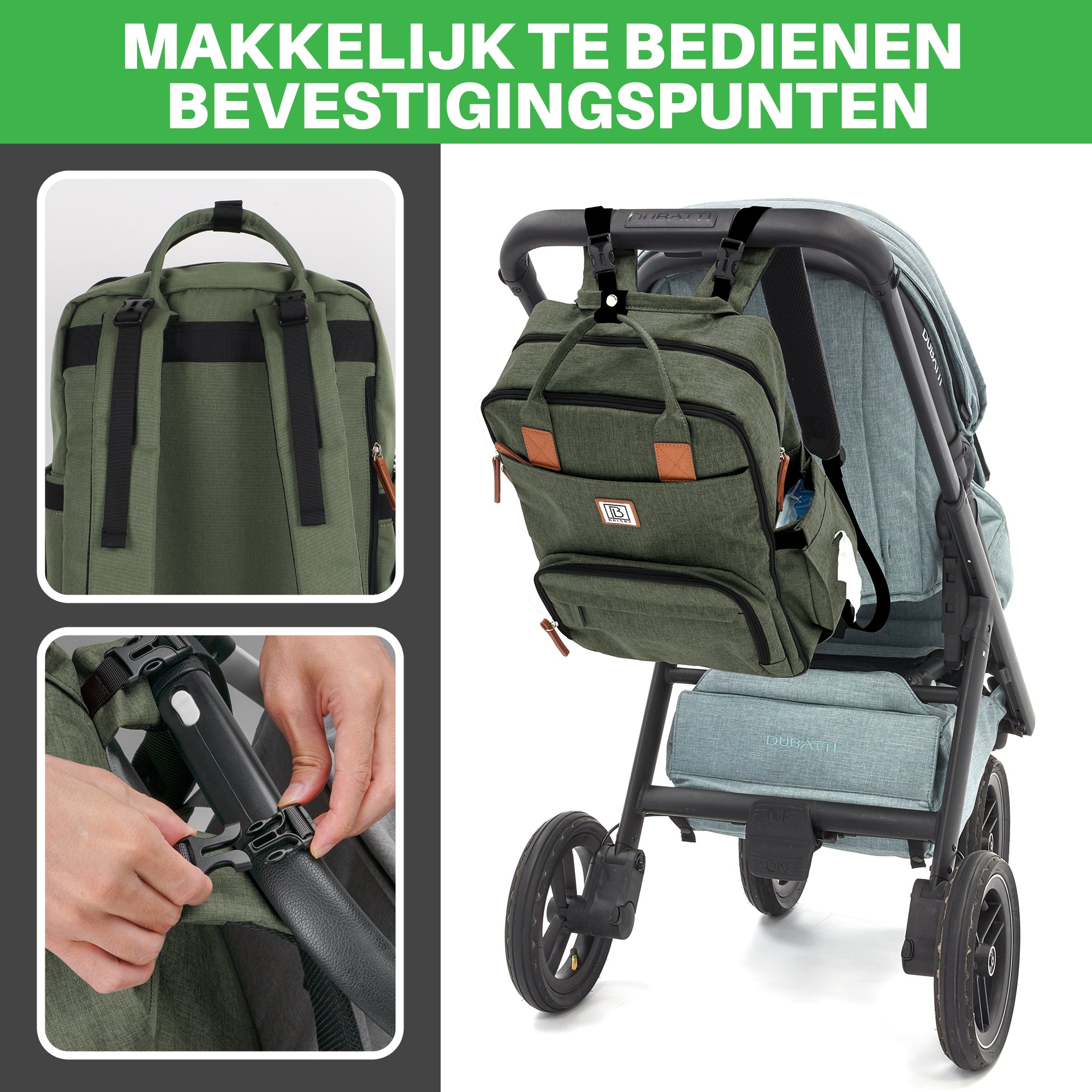 Original slijtvaste luiertas groen - verzorgingstas - incl. buggymontage en verschoningsmat