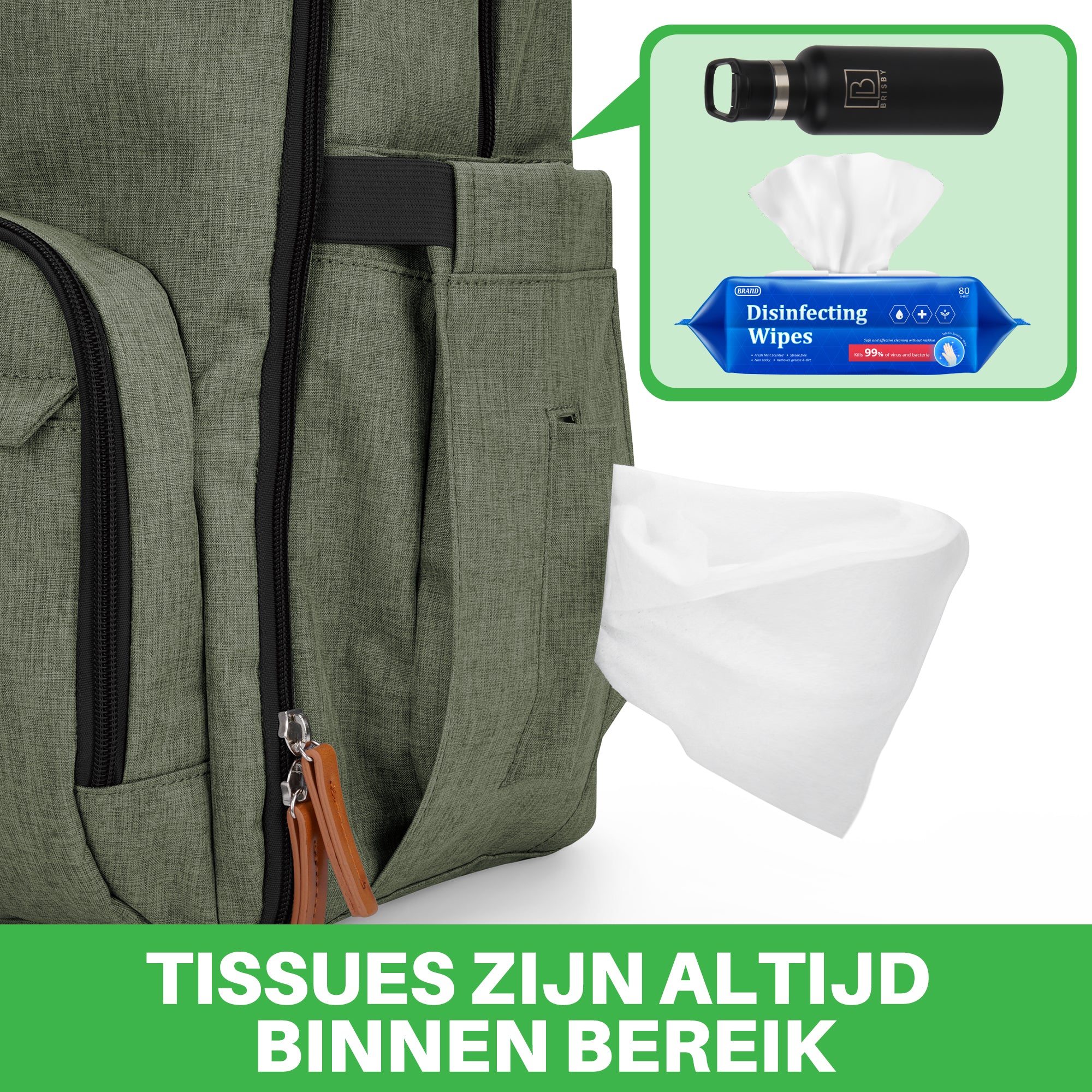 Original slijtvaste luiertas groen - verzorgingstas - incl. buggymontage en verschoningsmat