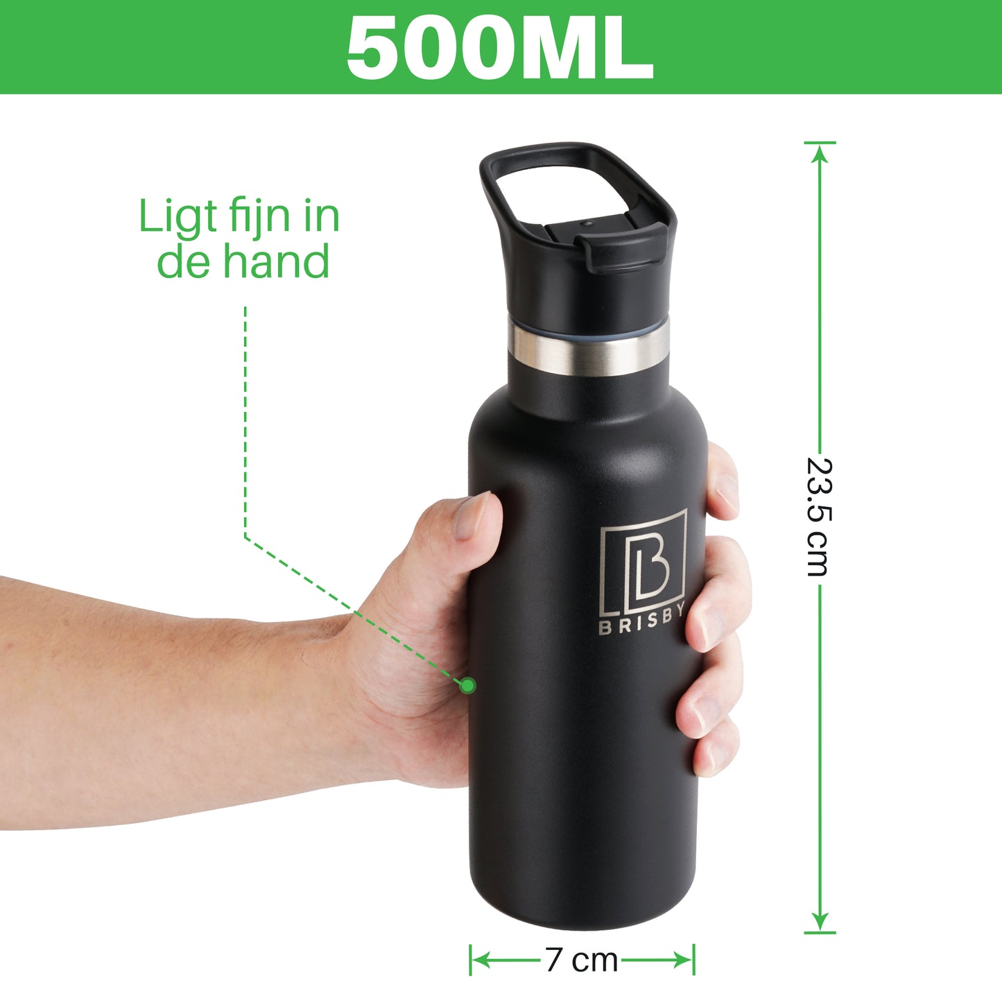 Brisby RVS Thermosfles - Thermosbeker - Thermoskan - Isoleerfles - BPA Vrij - 24 Uur Koud - 12 Uur Warm -Zwart