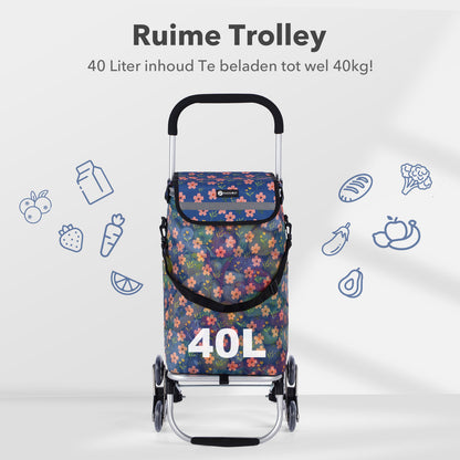 Packaway Boodschappentrolley met Trapwielen 40 Liter - Opvouwbare Boodschappenwagen met ruim Koelvak - Blue Blossom