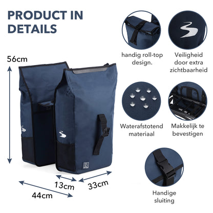 Brisby Dubbele Fietstas Rolltop Zwart 39-48L Waterdicht Geschikt voor Elektrische Fietsen & E-Bike - Blauw