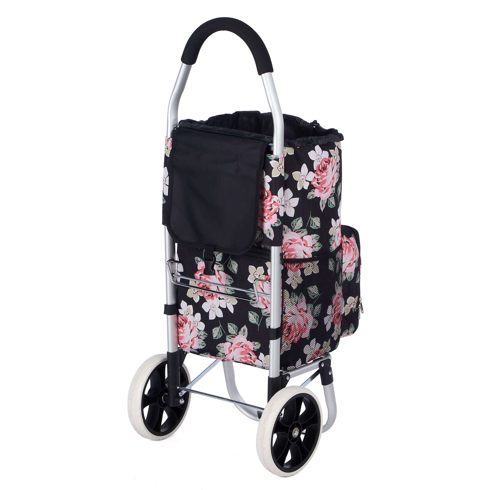 Packaway Boodschappentrolley 45L met Koelvak - Boodschappenwagen met Grote Wielen - Steekwagenfunctie - Waterafstotend - Black Flower