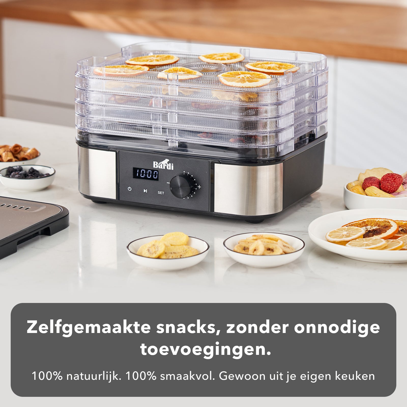 Bardi Voedseldroger 5-laags 350W RVS - 24-uurs timer - led-bedieningspaneel - incl. 5 inlegvellen en voedseltang