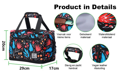 Koeltas 12L night flower - Lunchtas - 4-laags geïsoleerd - extra ruimte uitvouwbaar - 2 gratis koelelementen - incl. schouderriem