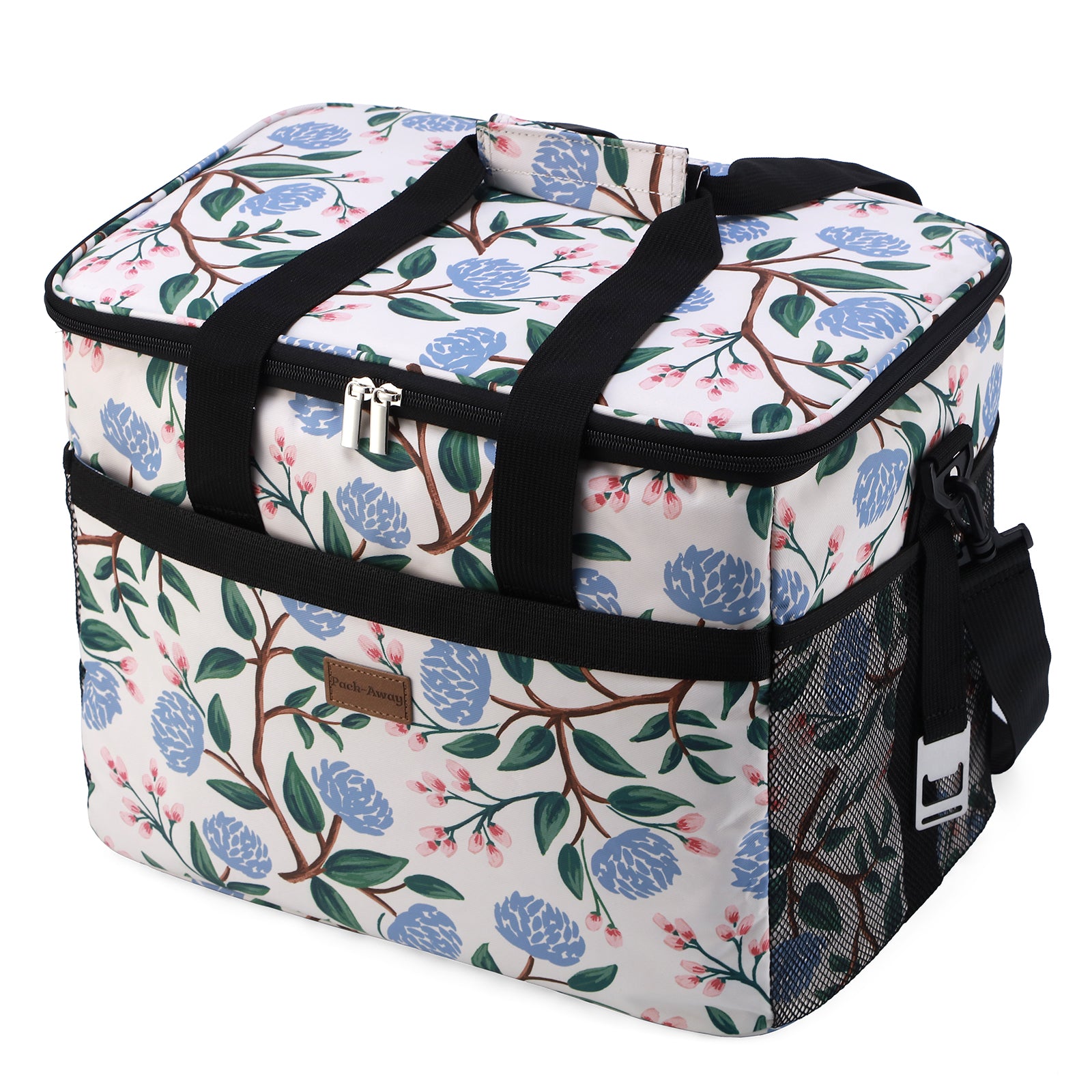 Koeltas 30L white flower - lunchtas - opvouwbaar - 4-laags geïsoleerd - incl. 4 gratis koelelementen en draagband