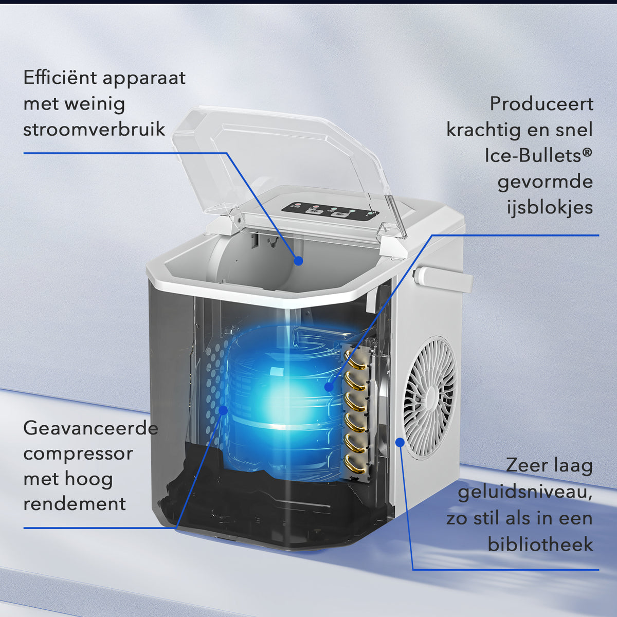 Bardi 1.3L Deluxe IJsblokjesmachine Square – IJsblokmaker Inclusief Luxe Thermosbeker en IJsschep – 9 Blokjes in 8 Minuten – WIT