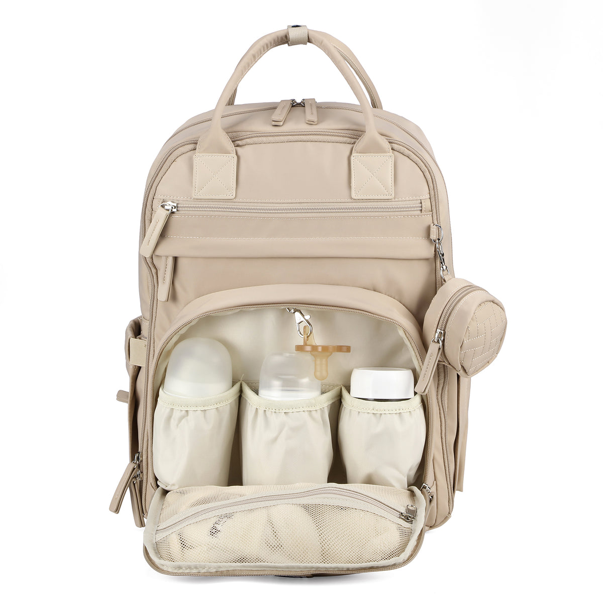 Brisby Premium Luiertas – Uitgebreide en Functionele Verzorgingstas – met buggymontage – Anti Diefstal Vakken - Reistrolley Sleeve - Inclusief verschoonmatje t.w.v.15,99 euro en speenhouder - Levenslange Garantie - Natural Champagne