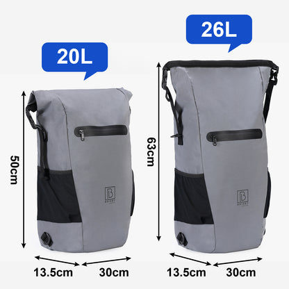 3 in 1 waterdichte rolltop fietstas 20-26L grijs - 100% reflectie - hoge zichtbaarheid - fietstas - rugtas - schoudertas