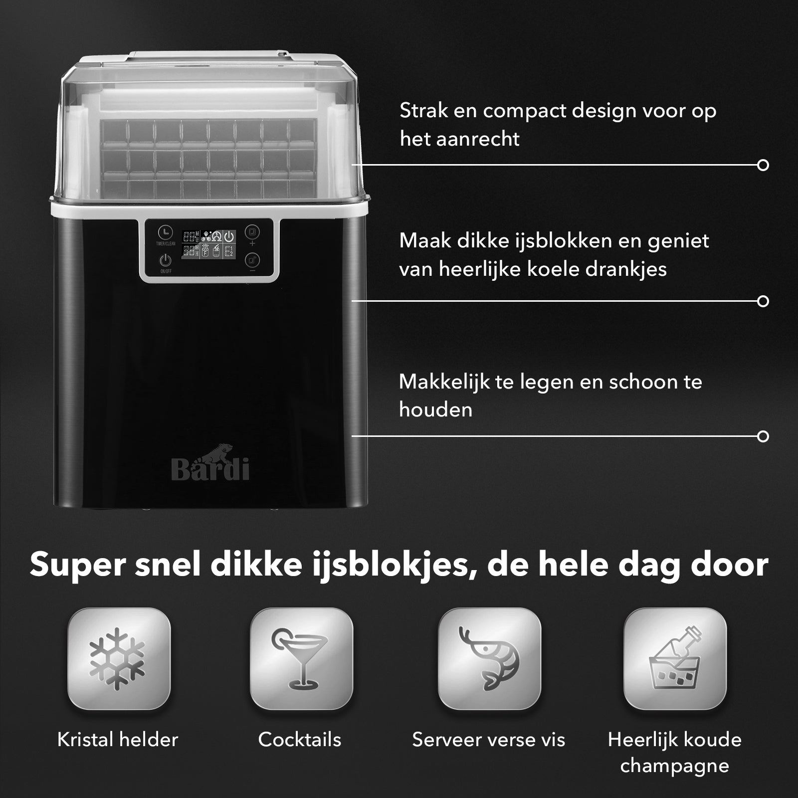 Bardi 3,2L Deluxe IJsblokjesmachine - Vierkante IJsblokmaker - LCD Display - 20Kg/24 uur. inclusief Thermosbeker en IJsschep - ZWART met citruspers RVS