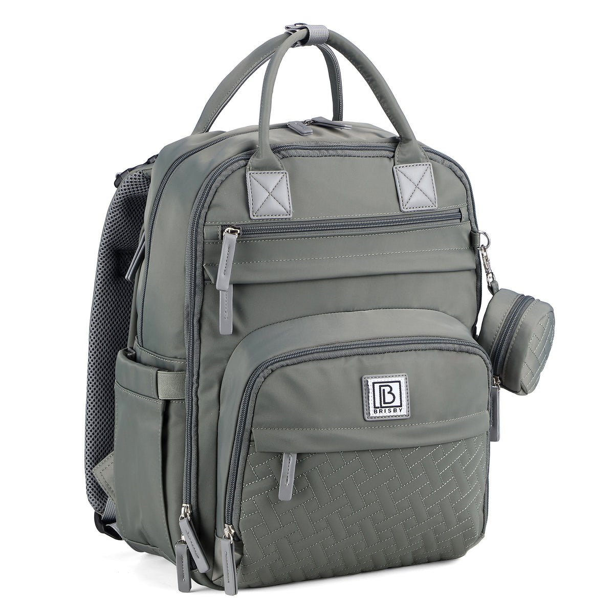Brisby Premium Luiertas – Uitgebreide en Functionele Verzorgingstas – met buggymontage – Anti Diefstal Vakken - Reistrolley Sleeve - Inclusief verschoonmatje t.w.v.15,99 euro en speenhouder - Levenslange Garantie - Misty Green