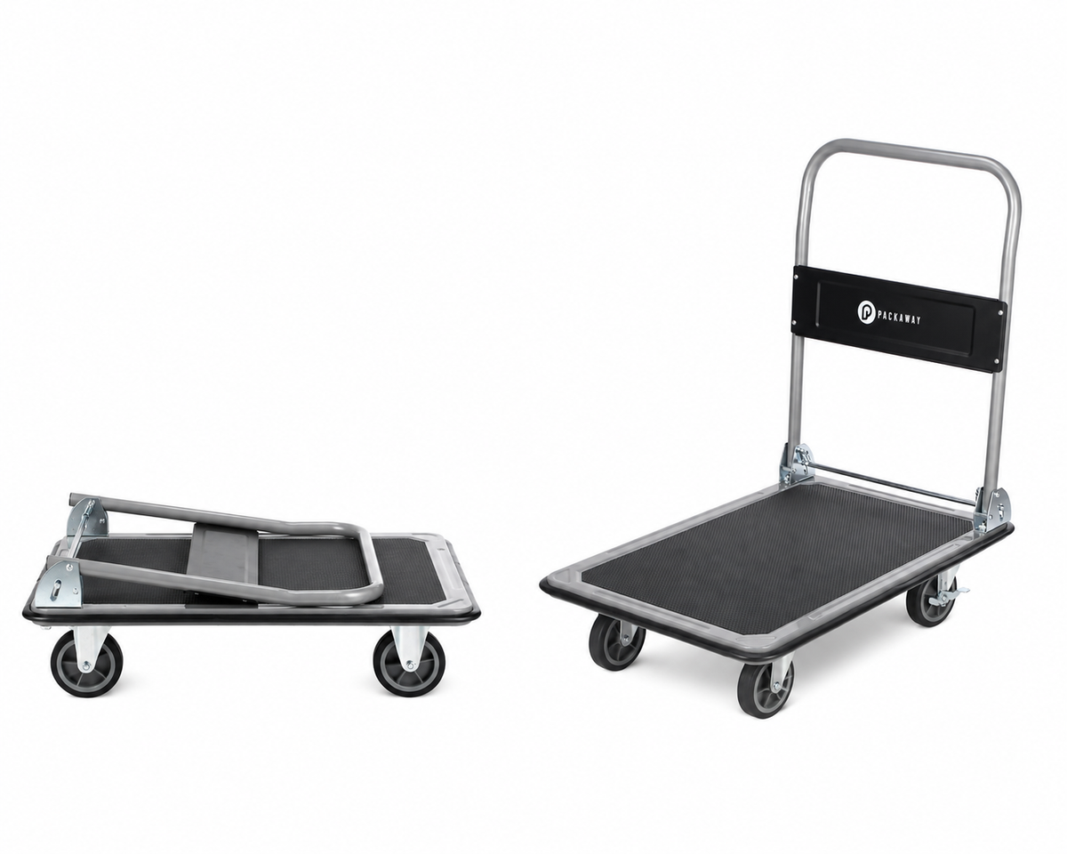 Packaway Opvouwbare Transportwagen 350 kg – Transportkar met Rem – 92 x 62 cm – Antislip Laadplatform – 4 Wielen – Inklapbare Duwbeugel