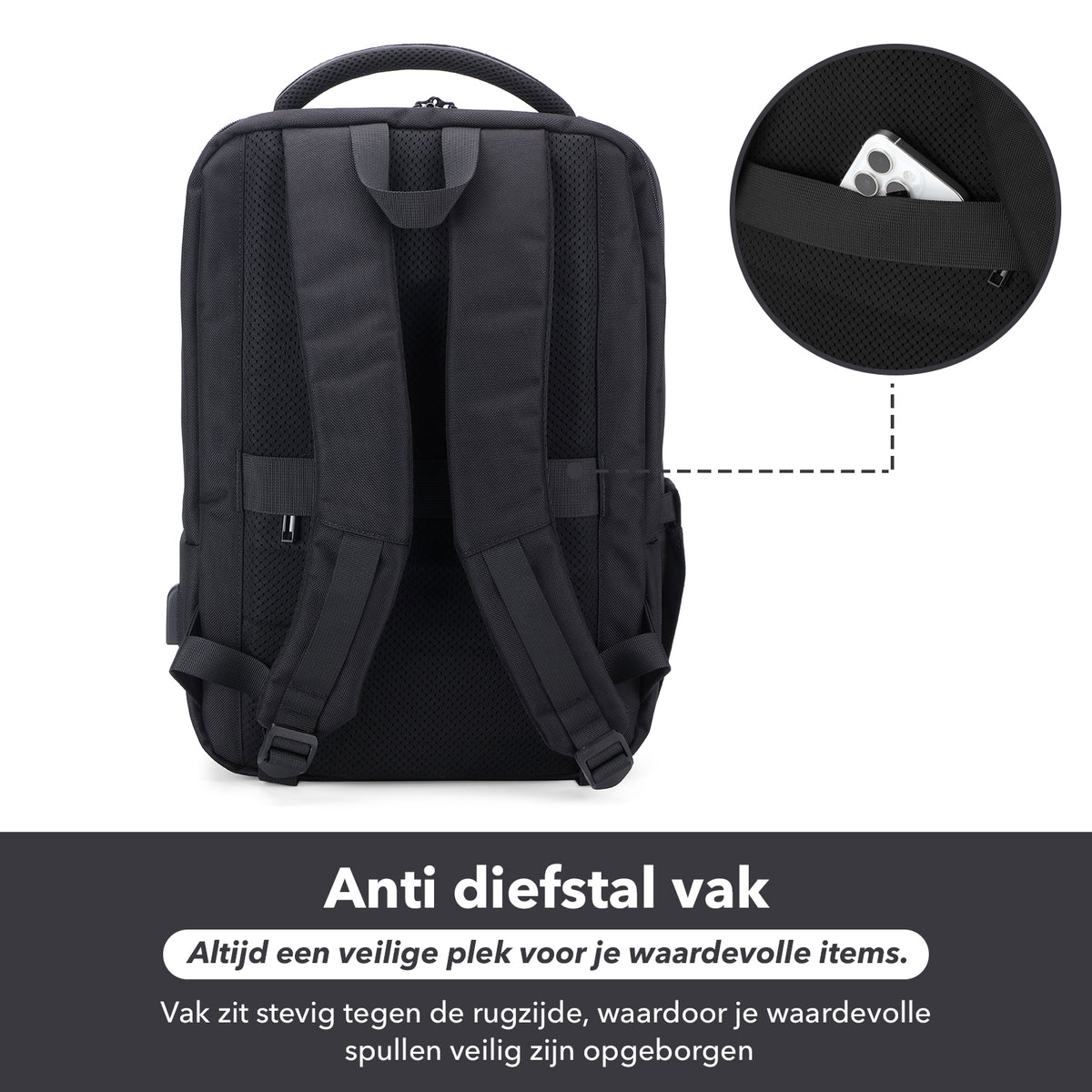 Brisby Rugzak Pro 1 – Laptoprugzak tot 15,7 inch voor Werk, School en Reizen – Waterafstotend – Met Tabletvak, Antidiefstalvak en Trolleysleeve - Zwart